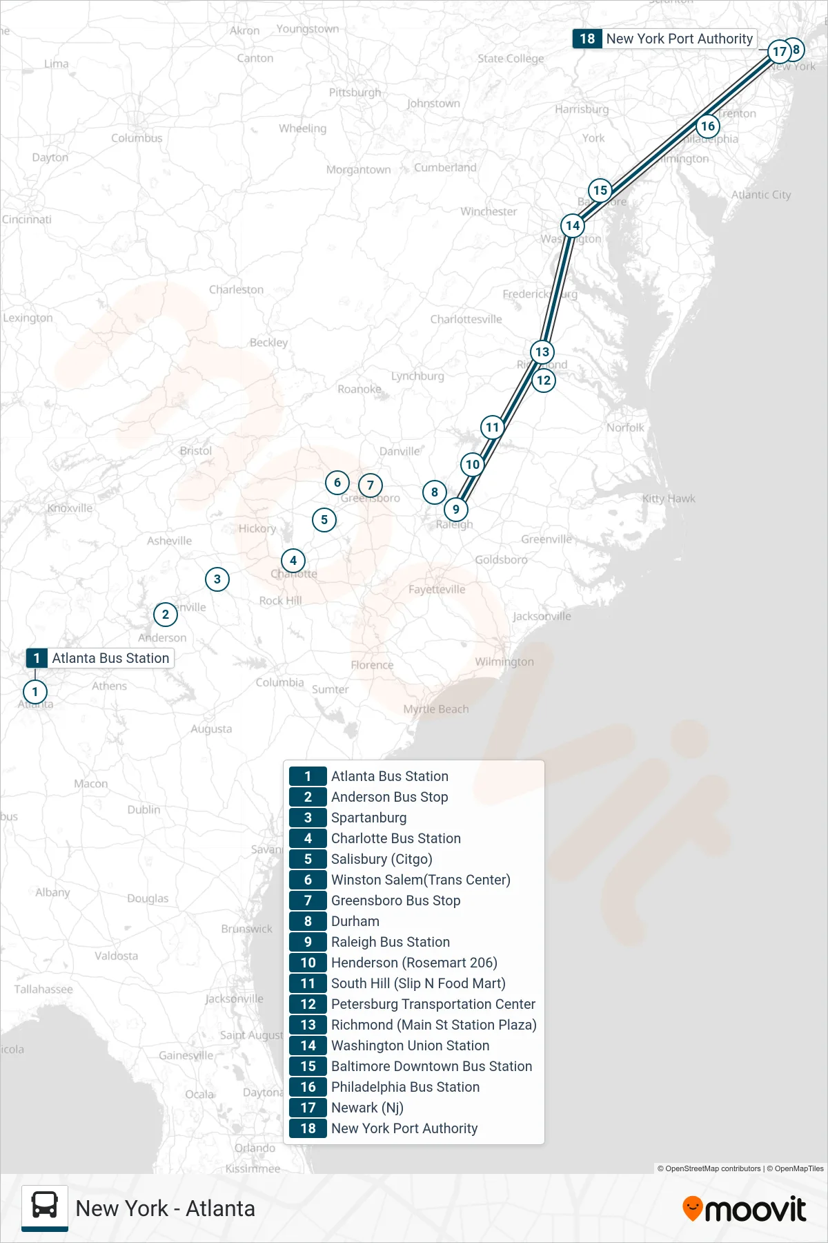 GREYHOUND US0670 bus Line (New York Port Authority) route and stops on a map