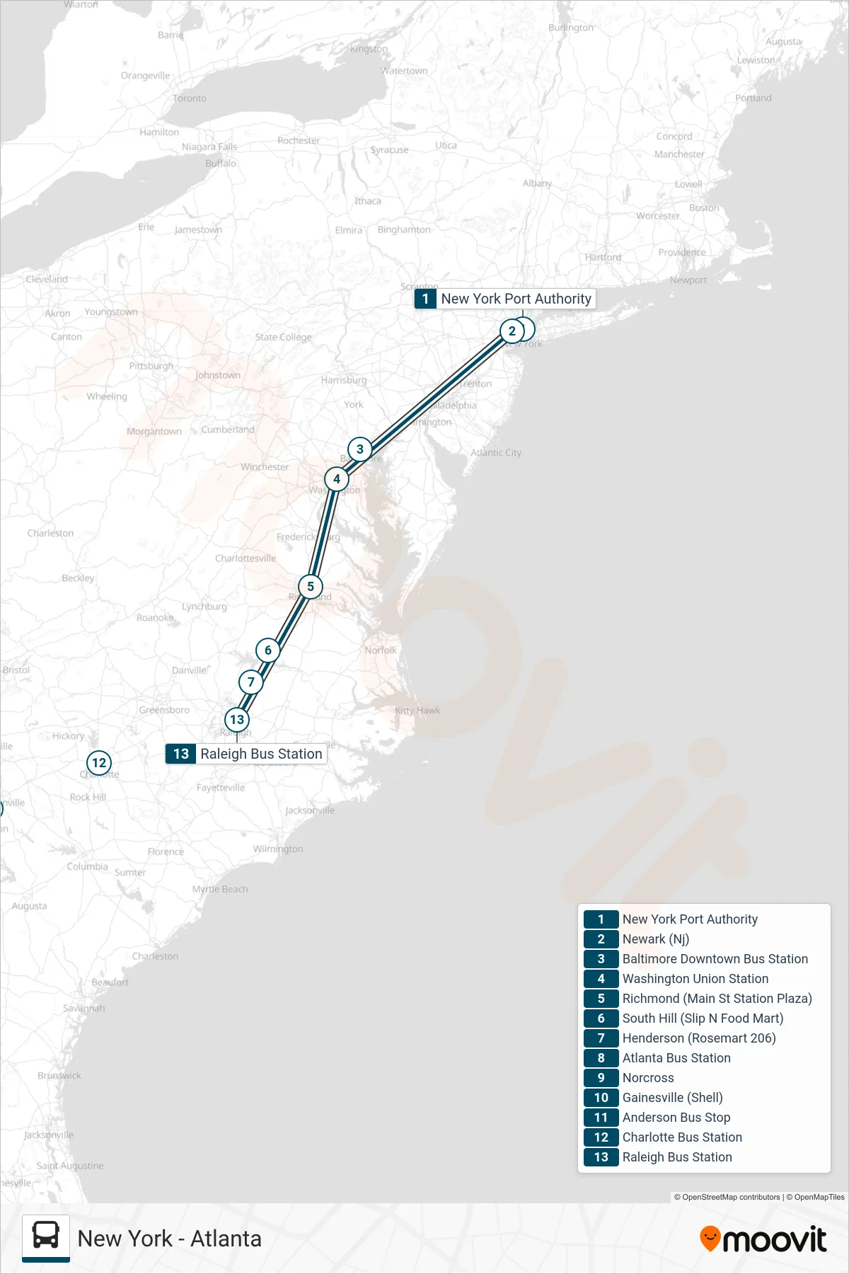 GREYHOUND US0670 bus Line (Raleigh Bus Station) route and stops on a map
