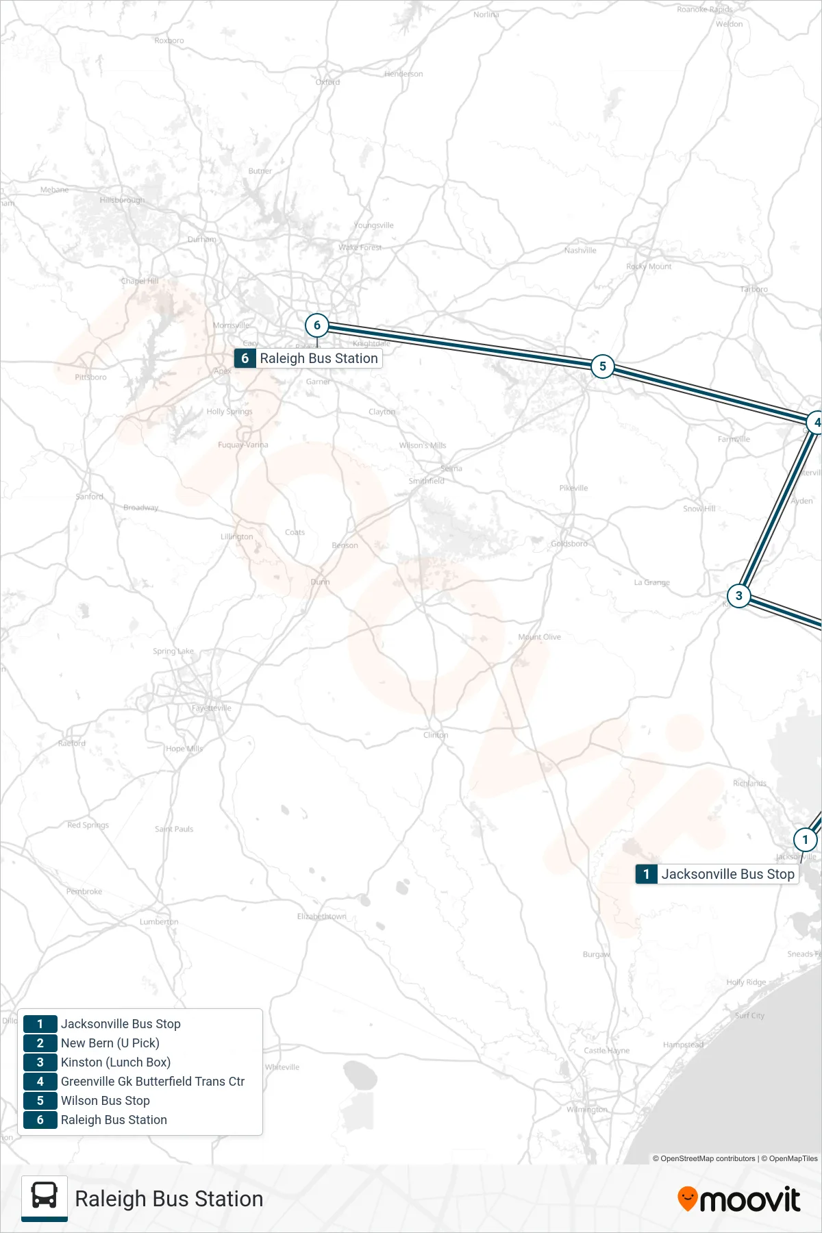 GREYHOUND US0652S bus Line (Raleigh Bus Station) route and stops on a map