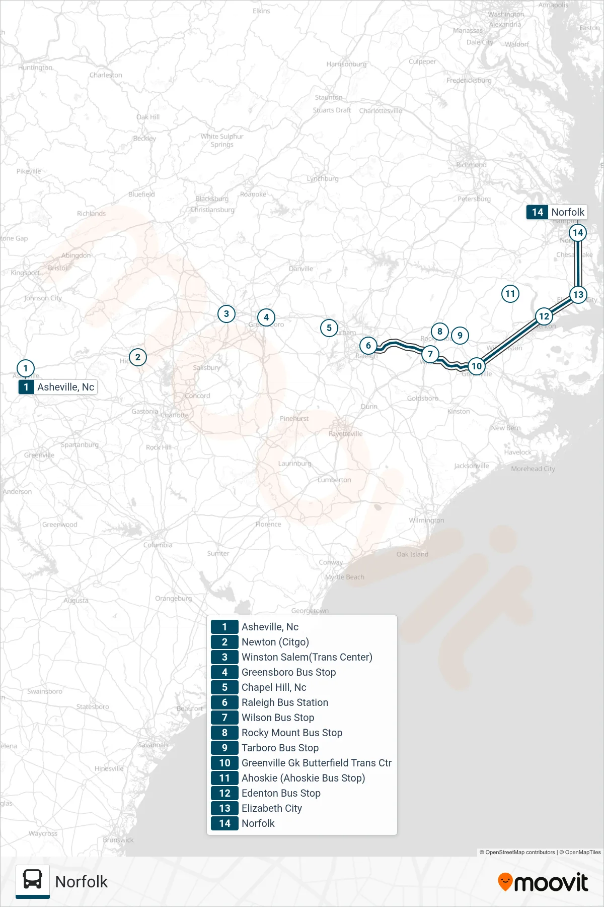 GREYHOUND US0654S bus Line (Norfolk) route and stops on a map