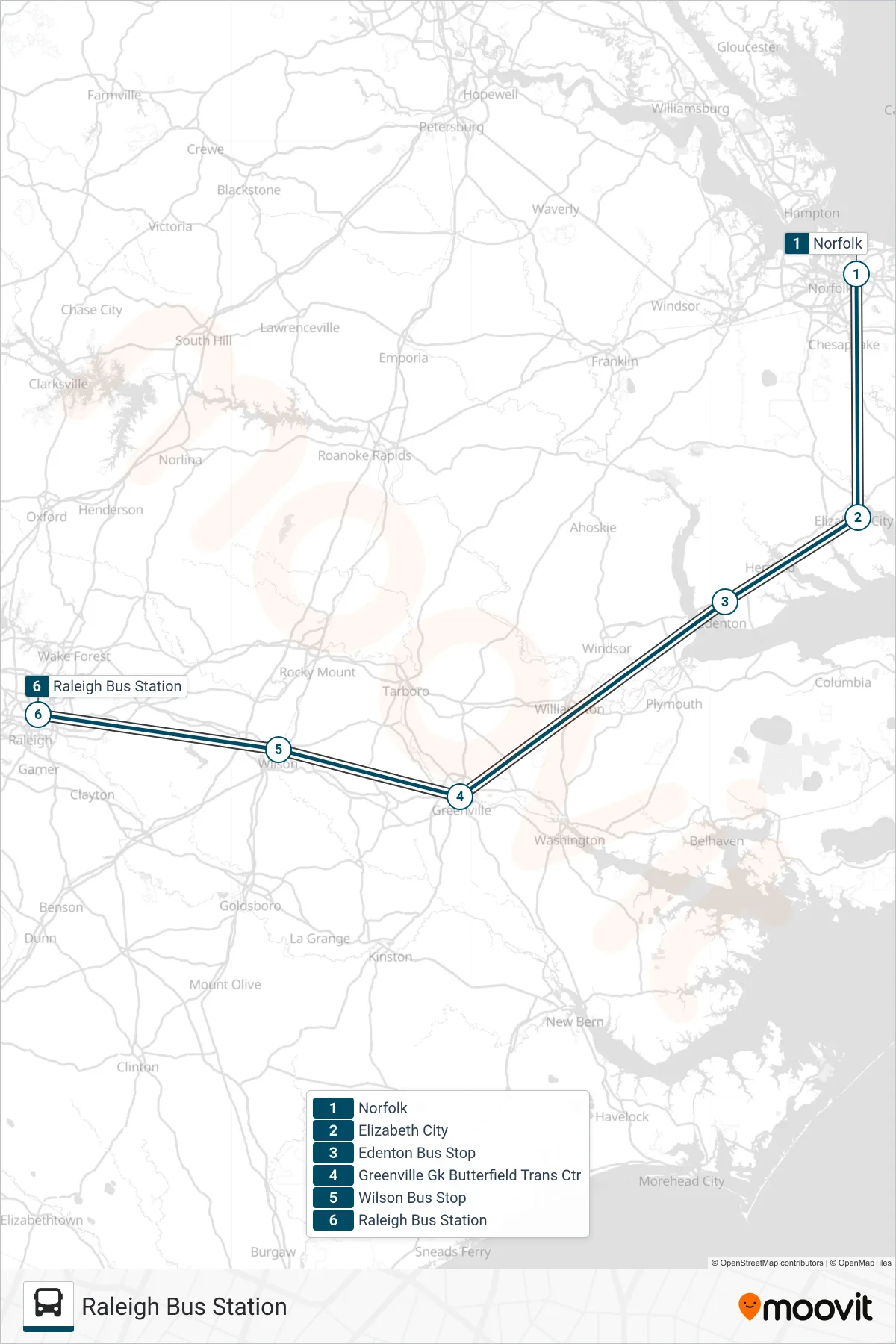 GREYHOUND US0654S bus Line (Raleigh Bus Station) route and stops on a map