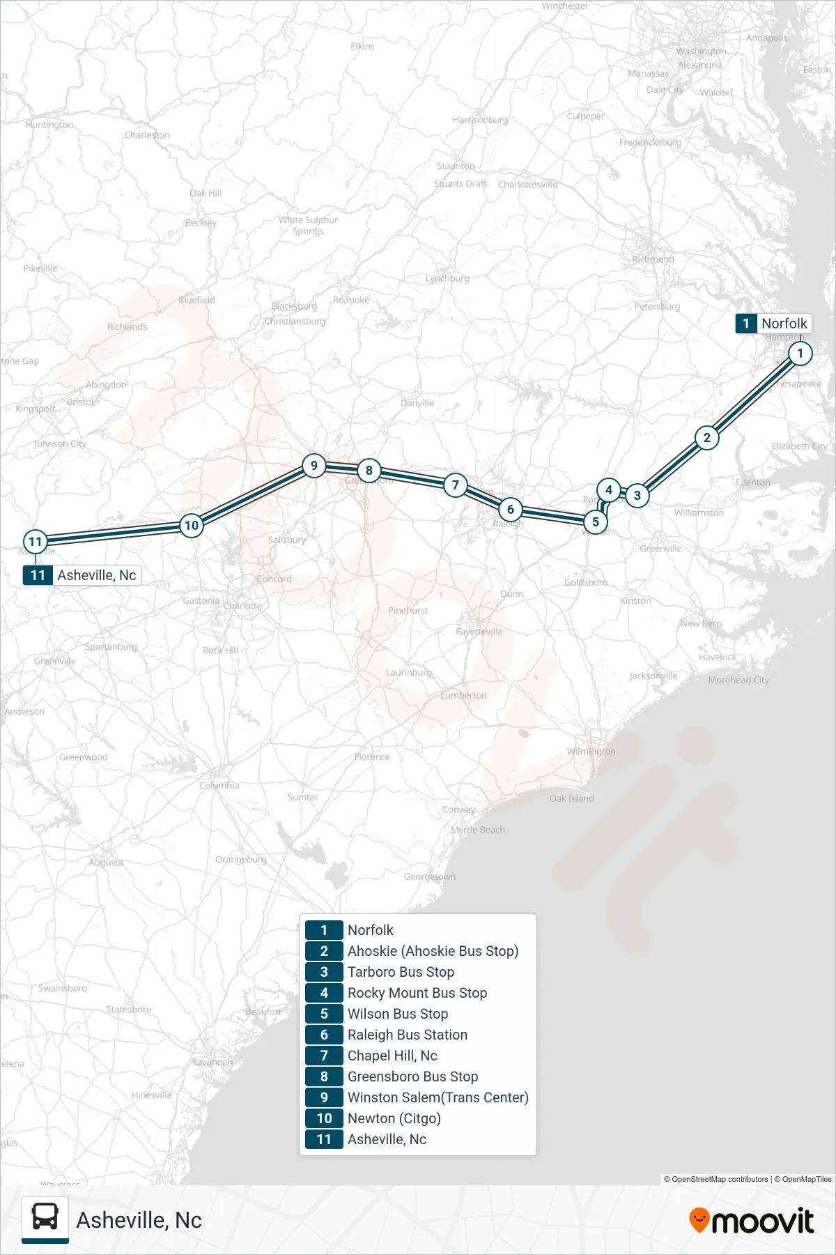 GREYHOUND US0654S bus Line (Asheville, Nc) route and stops on a map