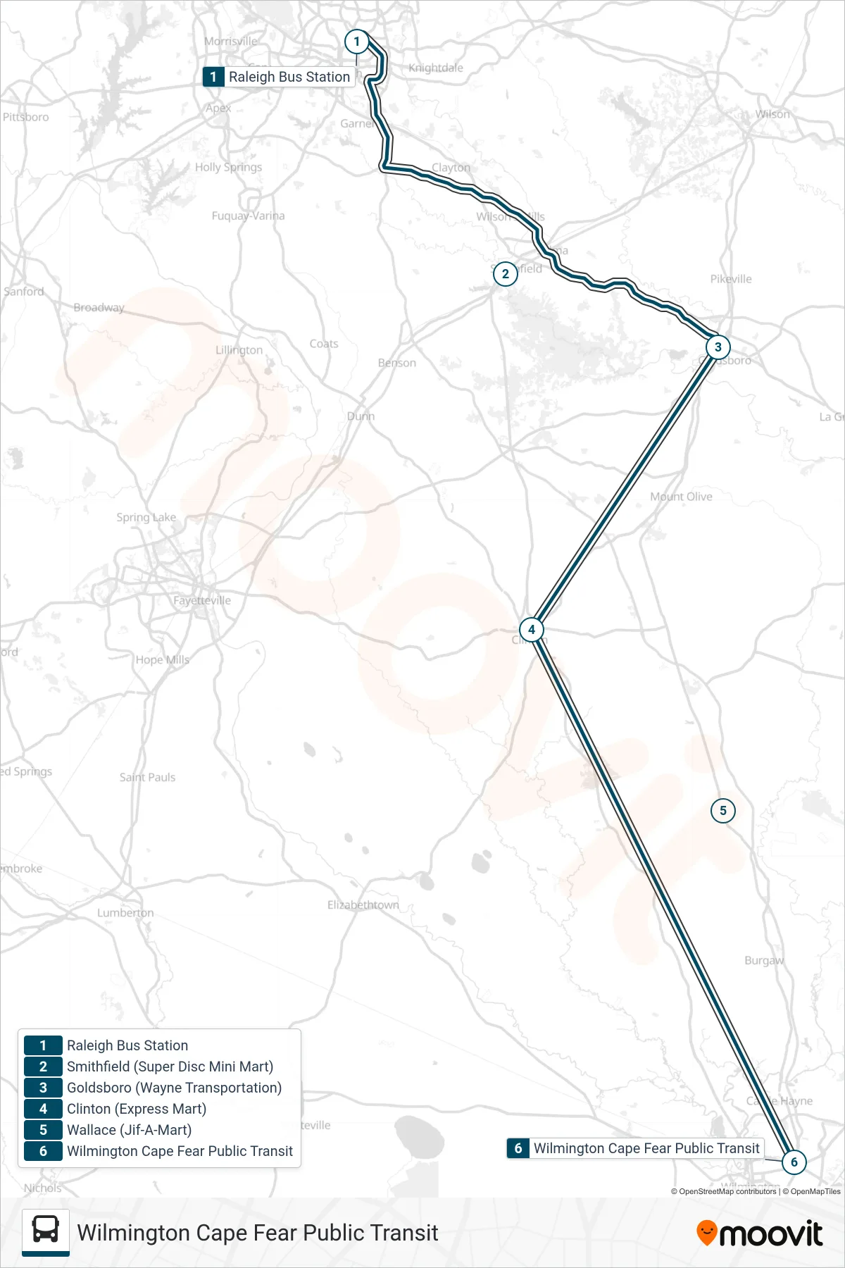 GREYHOUND US0656S bus Line (Wilmington Cape Fear Public Transit) route and stops on a map