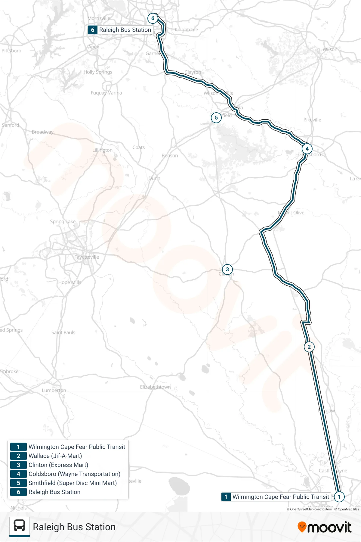 GREYHOUND US0656S bus Line (Raleigh Bus Station) route and stops on a map