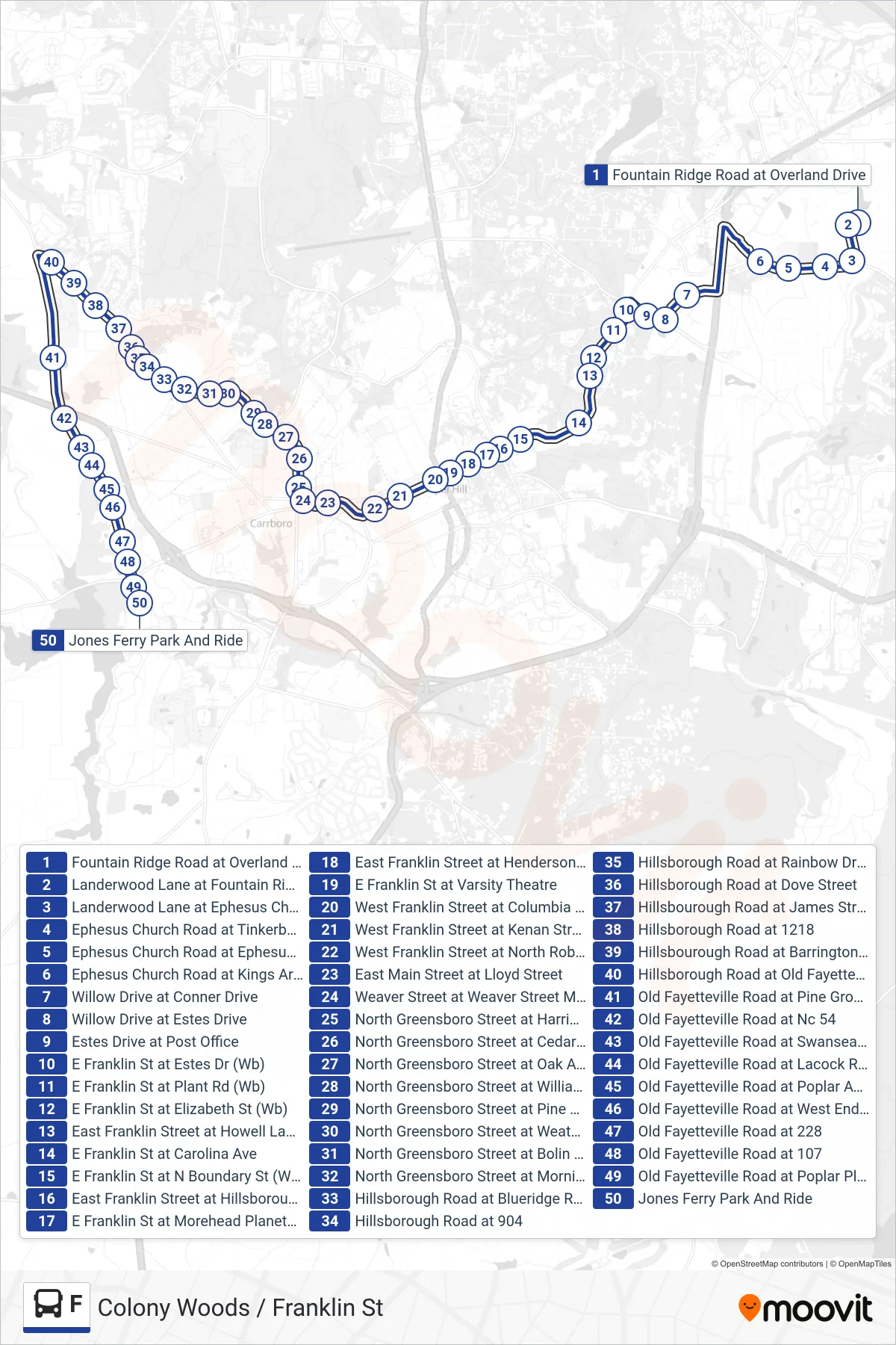 F bus Line (Fountain Ridge Road at Overland Drive‎→Jones Ferry Park And Ride) route and stops on a map