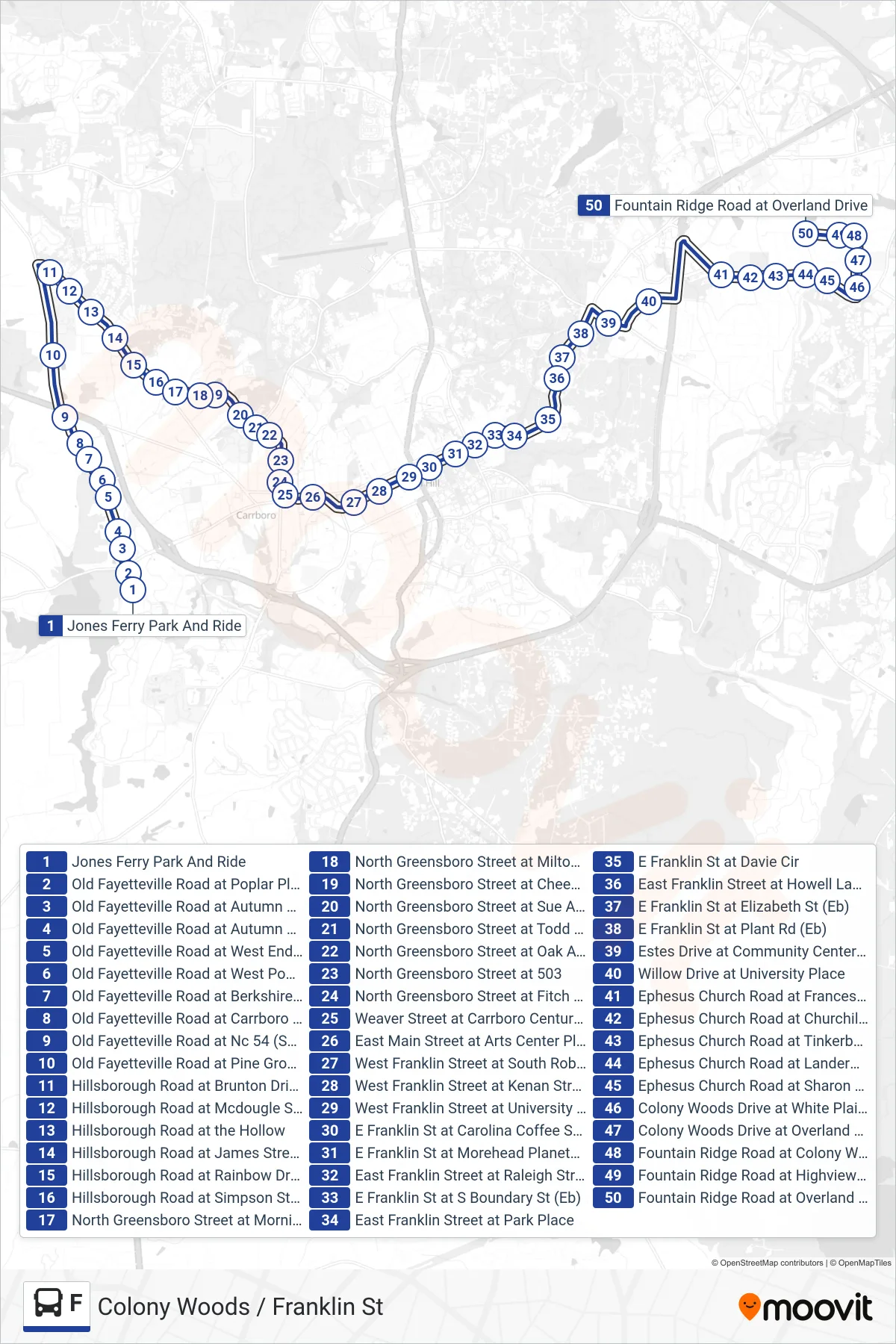 F bus Line (Jones Ferry Park And Ride‎→Fountain Ridge Road at Overland Drive) route and stops on a map