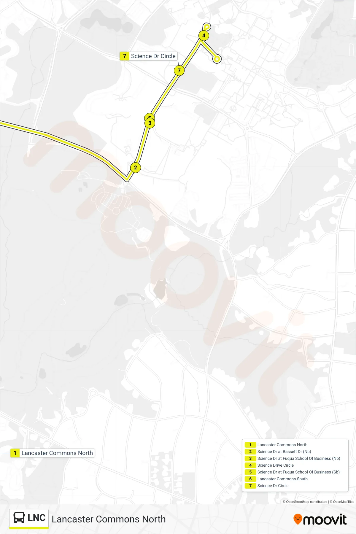 LNC bus Line (Lancaster Commons North) route and stops on a map