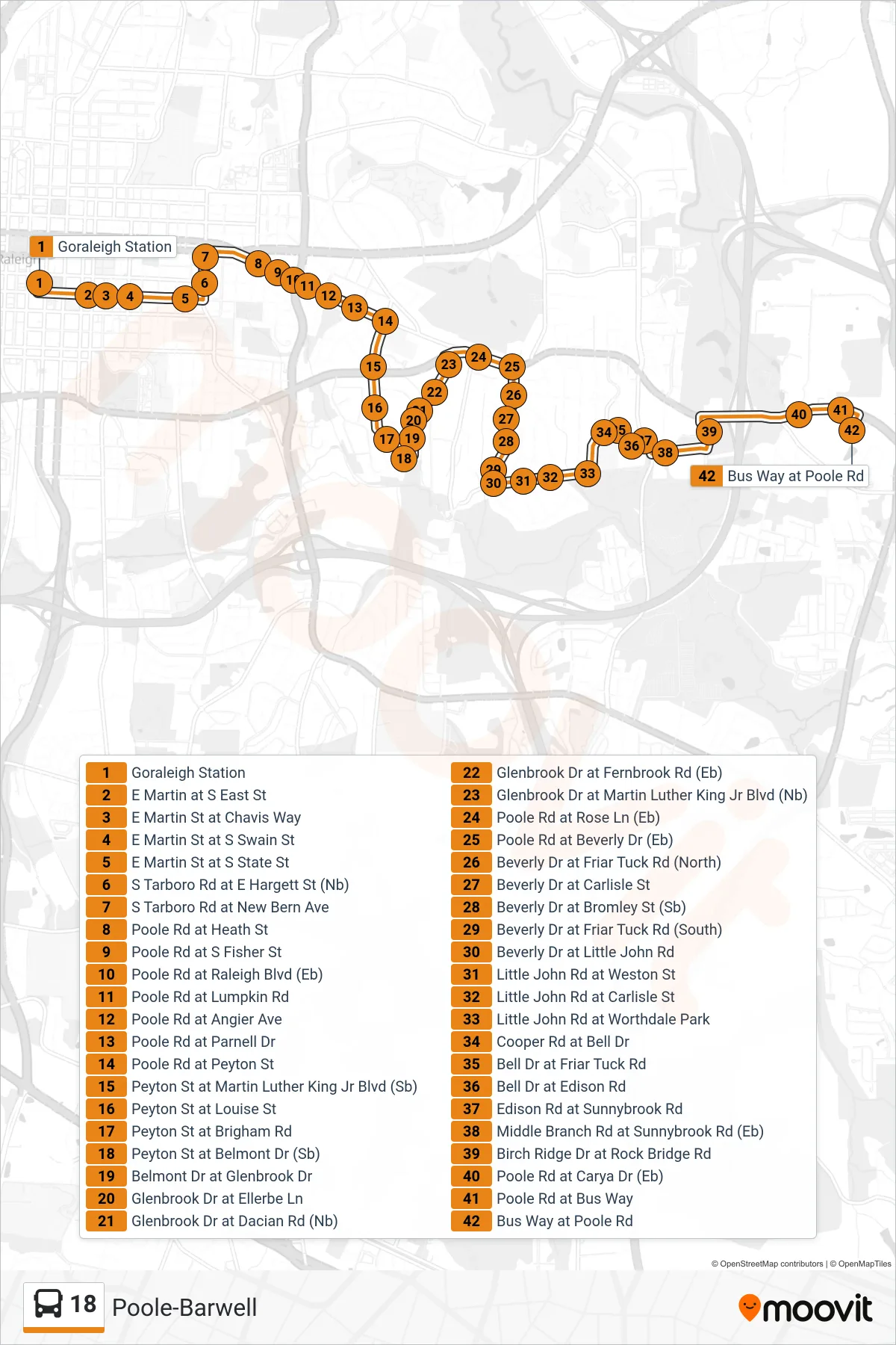 18 bus Line (Goraleigh Station→Bus Way at Poole Rd) route and stops on a map