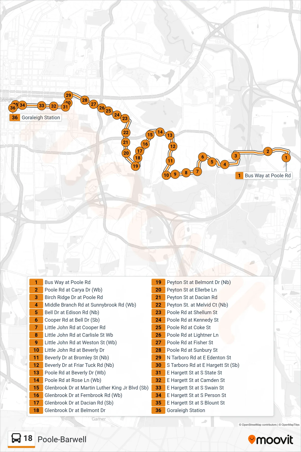 18 bus Line (Bus Way at Poole Rd‎→Goraleigh Station) route and stops on a map