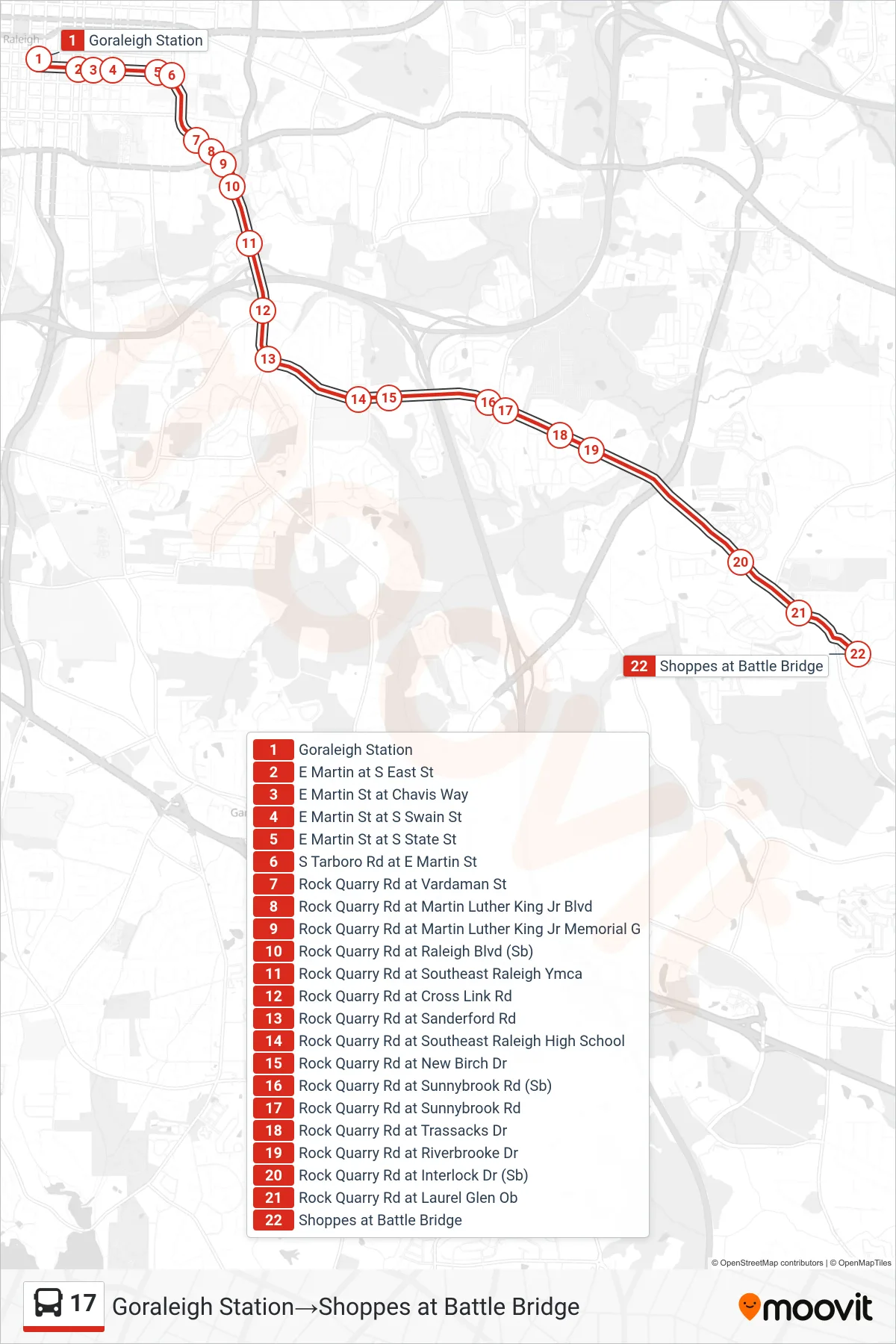 17 bus Line (Goraleigh Station→Shoppes at Battle Bridge) route and stops on a map
