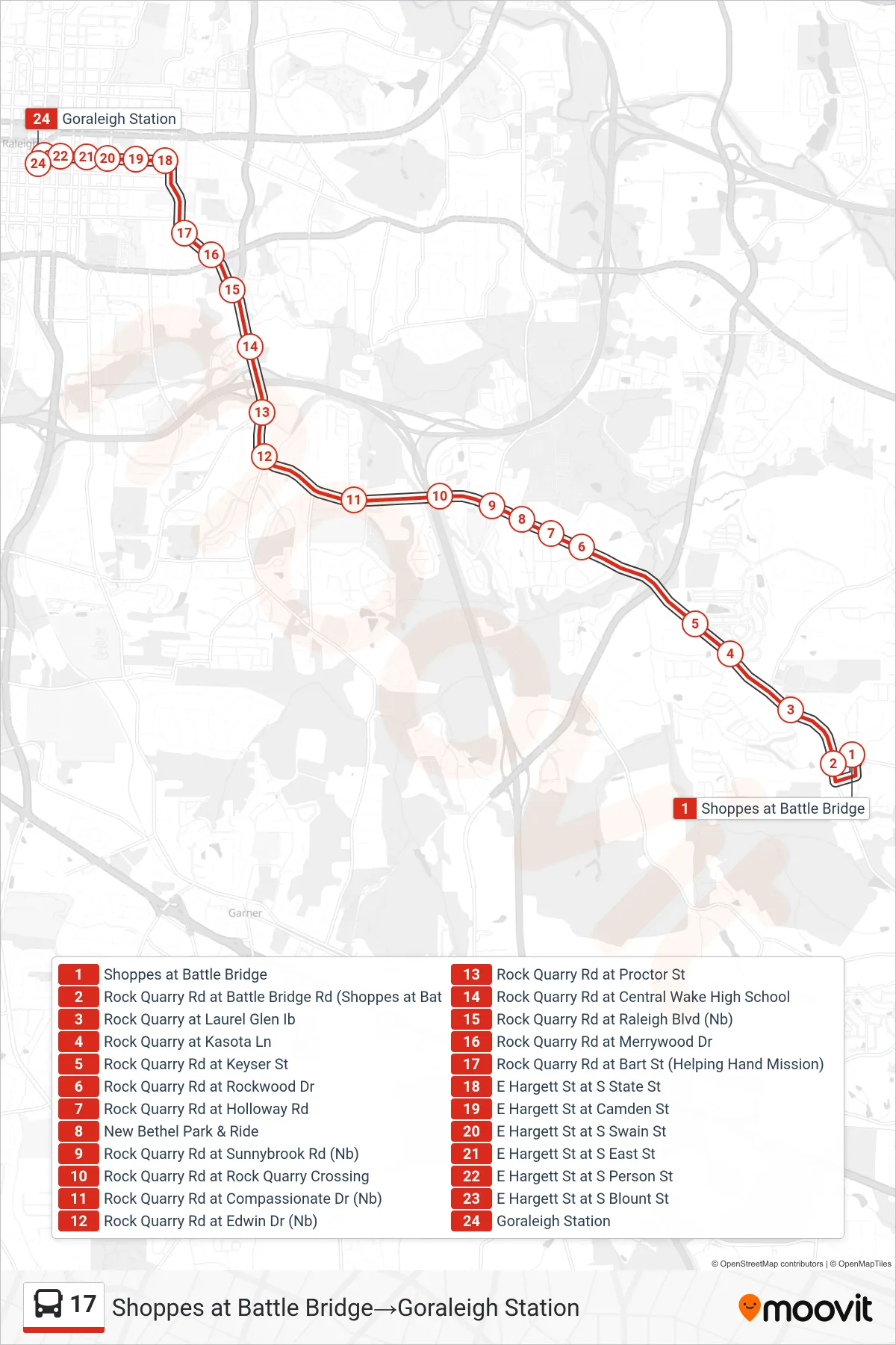 17 bus Line (Shoppes at Battle Bridge→Goraleigh Station) route and stops on a map