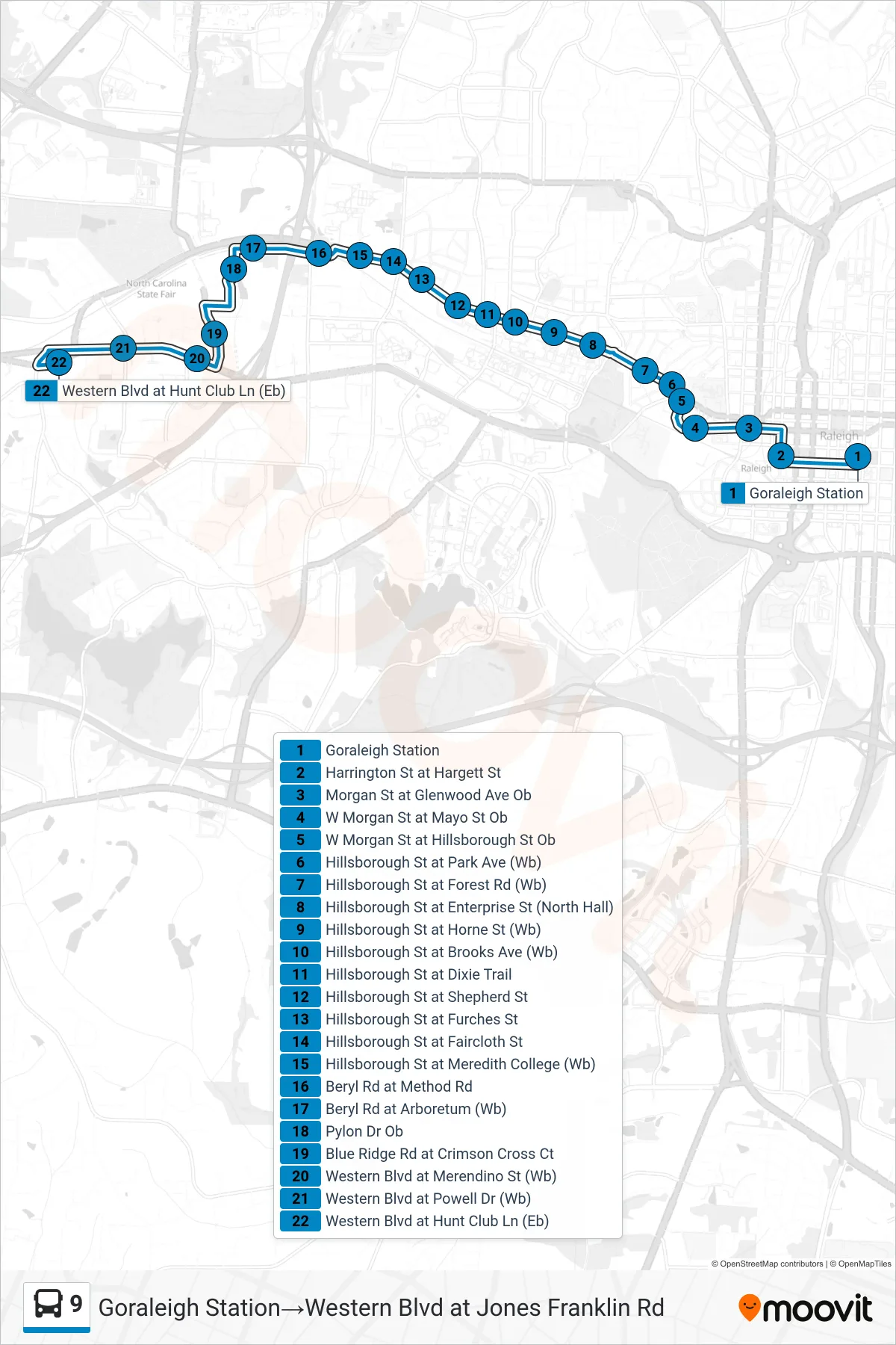 9 bus Line (Goraleigh Station→Western Blvd at Jones Franklin Rd) route and stops on a map