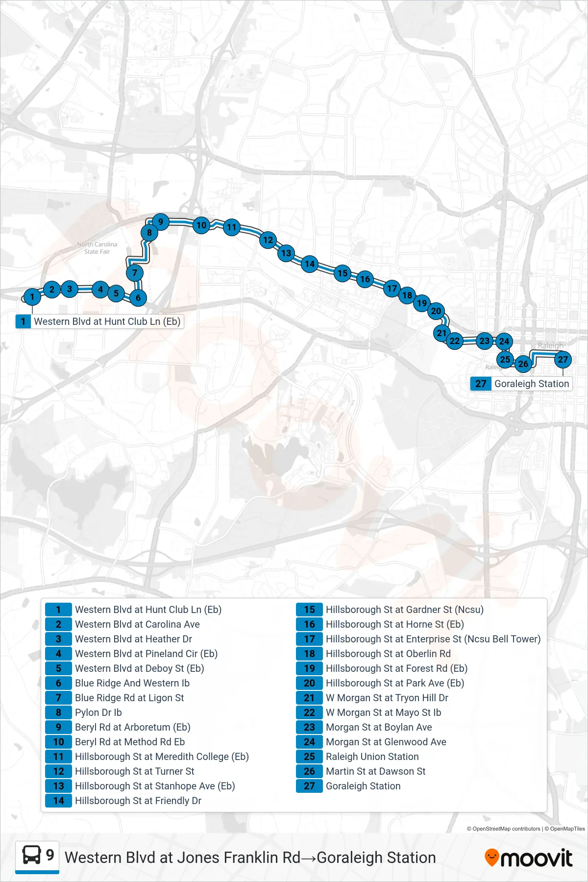 9 bus Line (Western Blvd at Jones Franklin Rd‎→Goraleigh Station) route and stops on a map