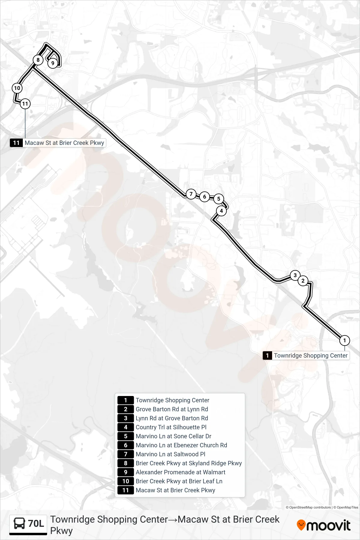 70L bus Line (Townridge Shopping Center‎→Macaw St at Brier Creek Pkwy) route and stops on a map