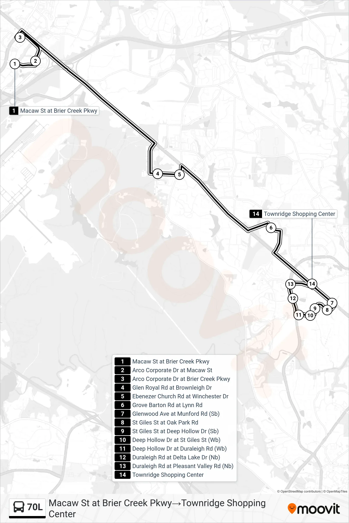 70L bus Line (Macaw St at Brier Creek Pkwy‎→Townridge Shopping Center) route and stops on a map