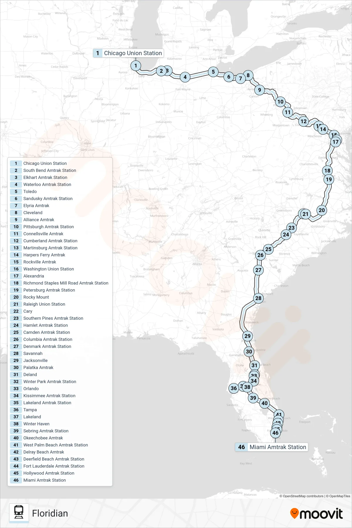 FLORIDIAN train Line (Miami) route and stops on a map