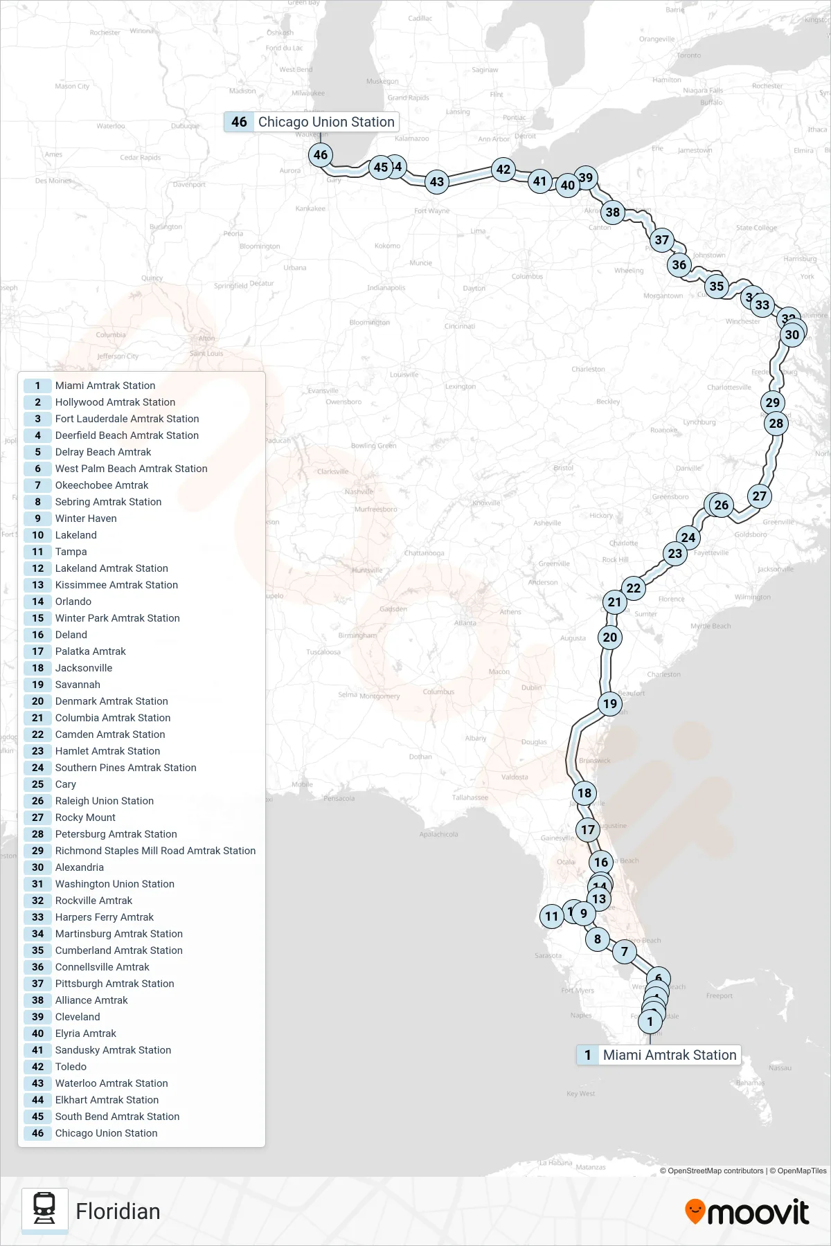 FLORIDIAN rail Line (Chicago) route and stops on a map