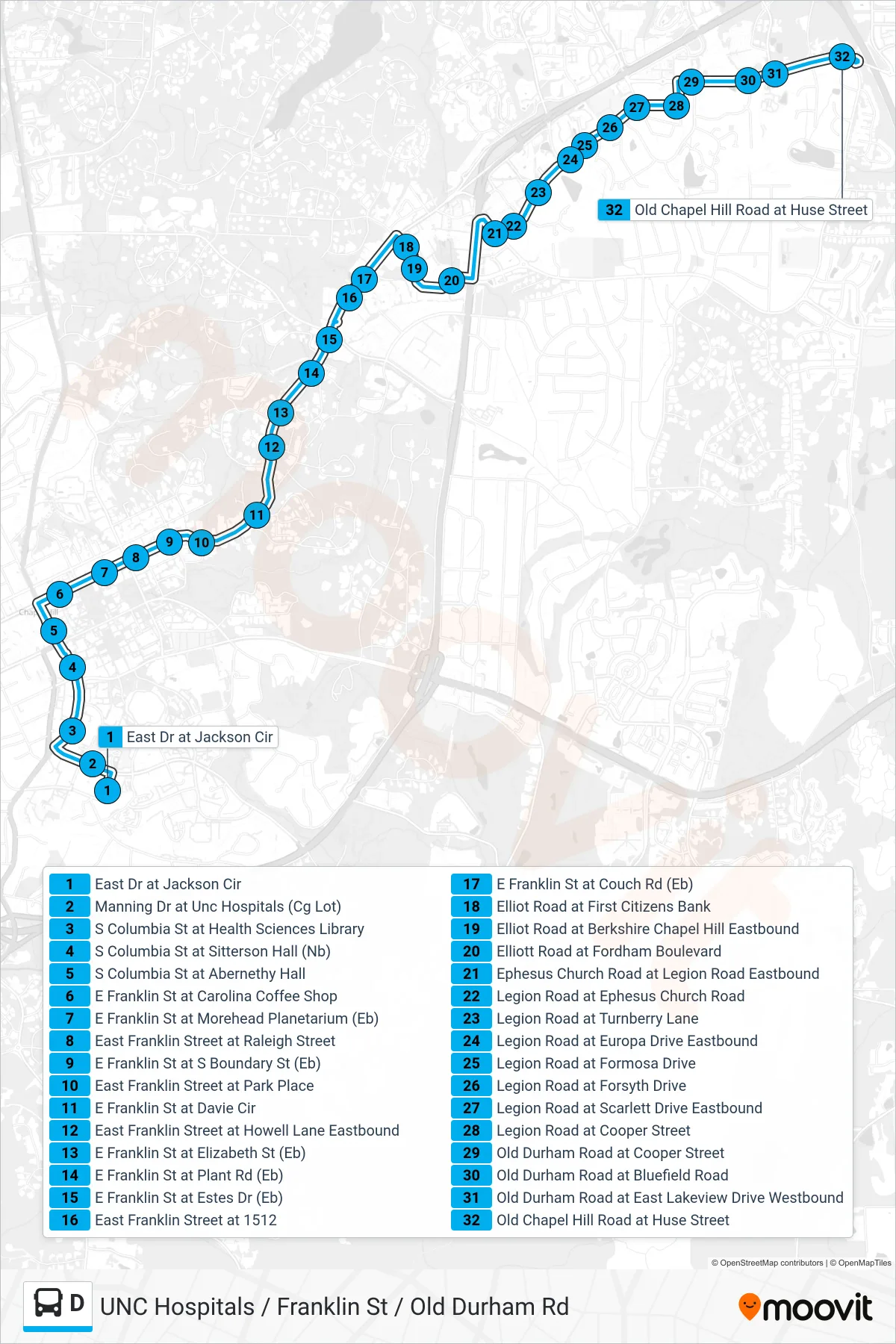D bus Line (East Drive at Jackson Circle→Old Chapel Hill Road at Huse Street) route and stops on a map
