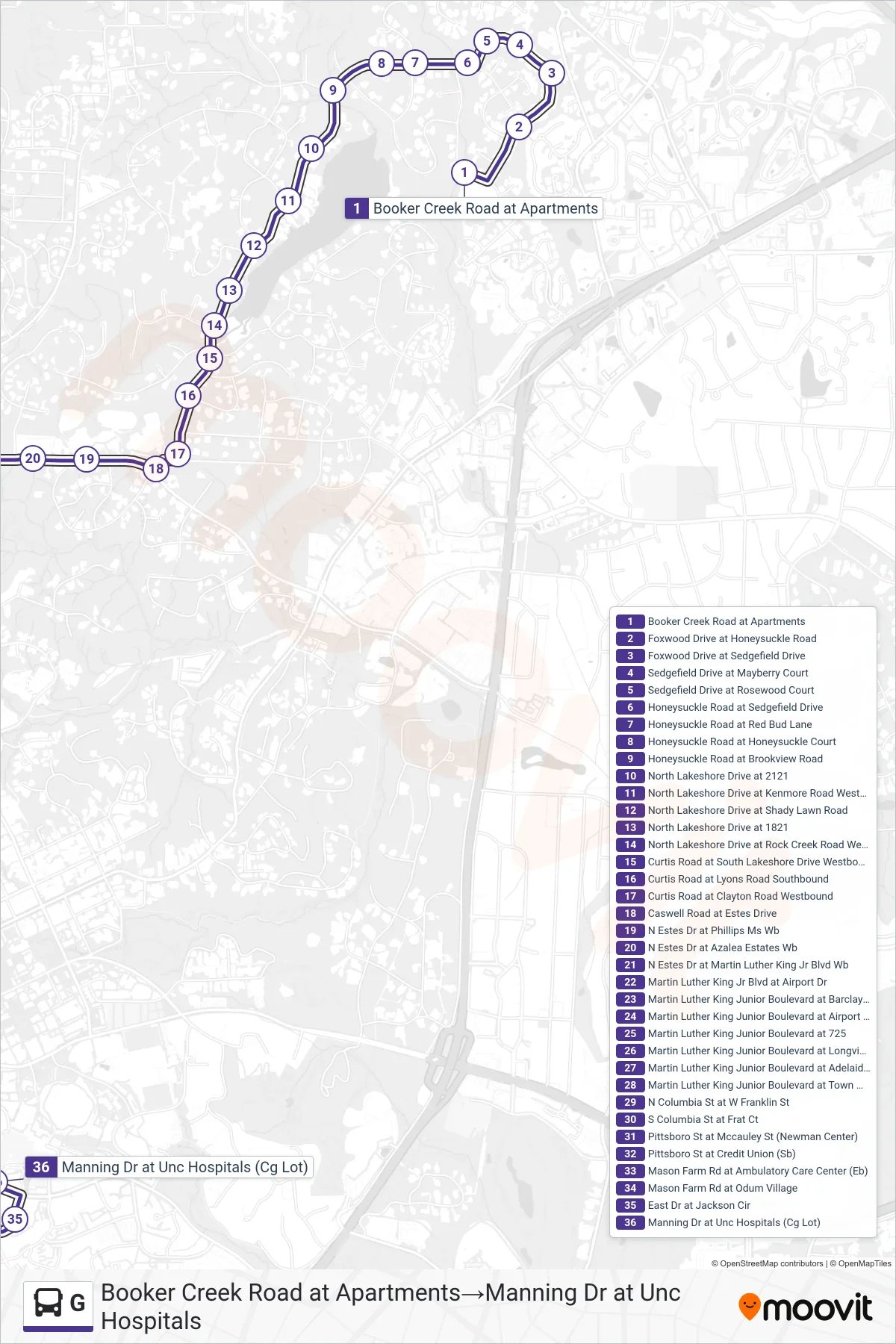G bus Line (Booker Creek Road at Apartments→Manning Dr at Unc Hospitals) route and stops on a map