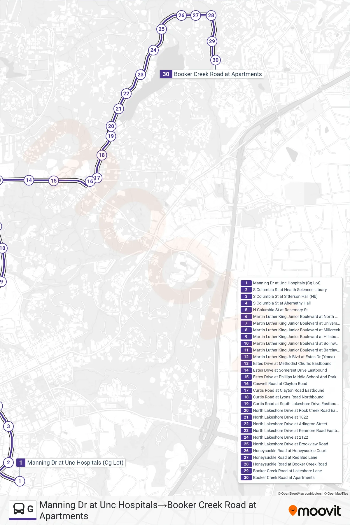 G bus Line (Manning Dr at Unc Hospitals→Booker Creek Road at Apartments) route and stops on a map