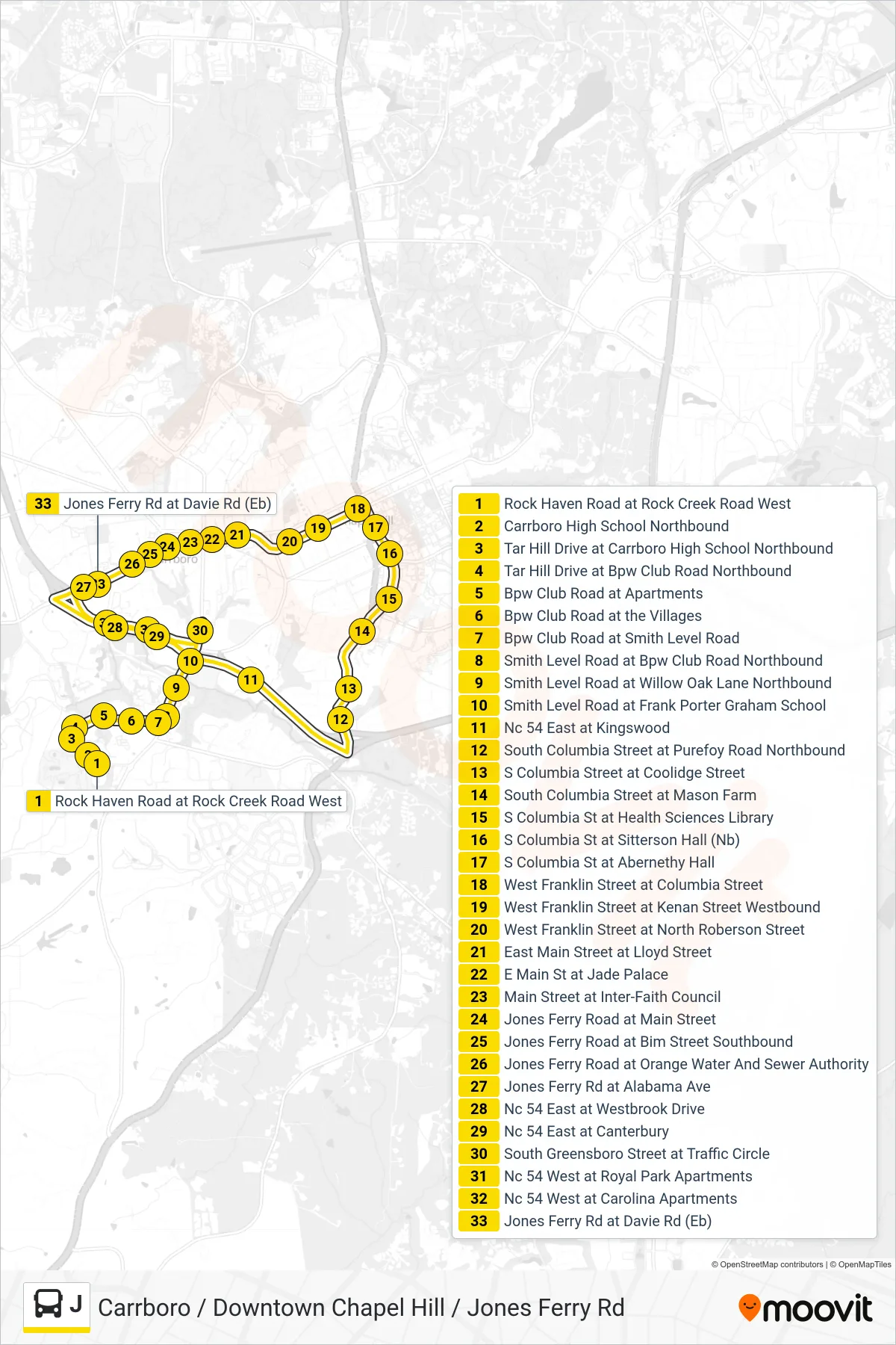 J bus Line (Rock Haven Road at Rock Creek Road West‎→Jones Ferry Road at Davie Road) route and stops on a map