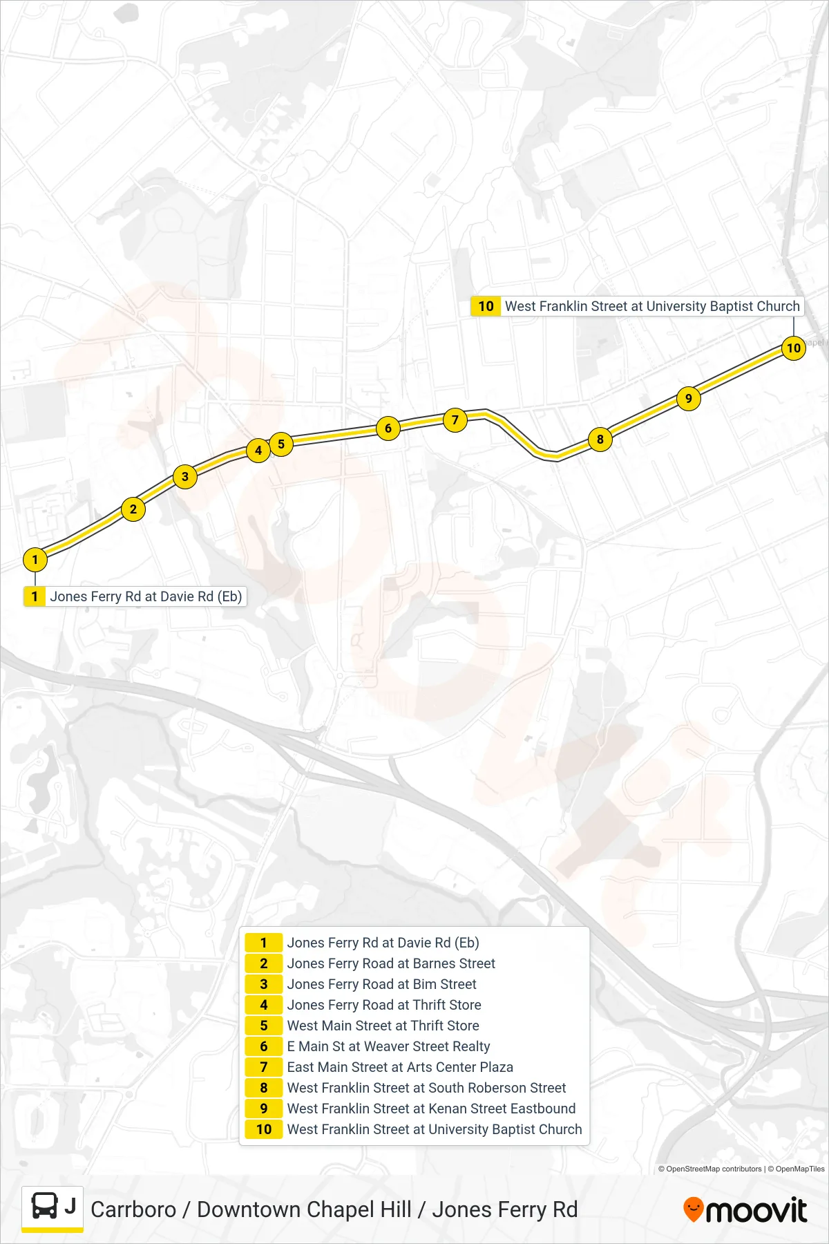 J bus Line (Jones Ferry Road at Davie Road‎→West Franklin Street at University Baptist Church) route and stops on a map