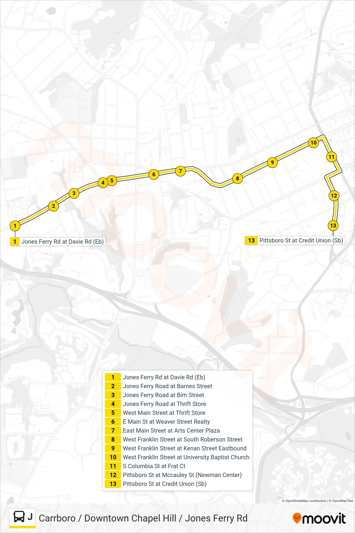 J bus Line (Jones Ferry Road at Davie Road→Pittsboro St at Credit Union) route and stops on a map