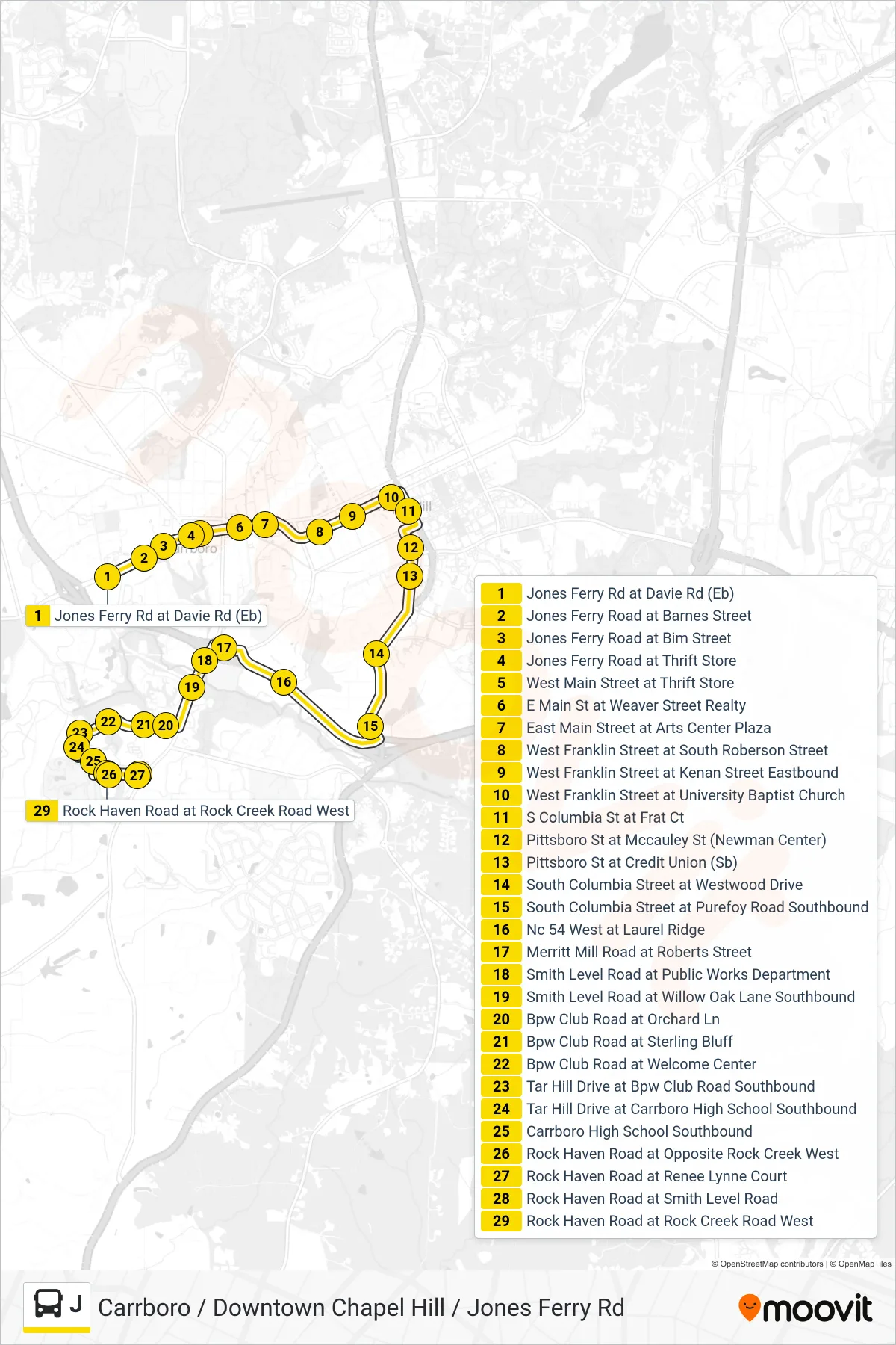 J bus Line (Jones Ferry Road at Davie Road→Rock Haven Road at Rock Creek Road West) route and stops on a map