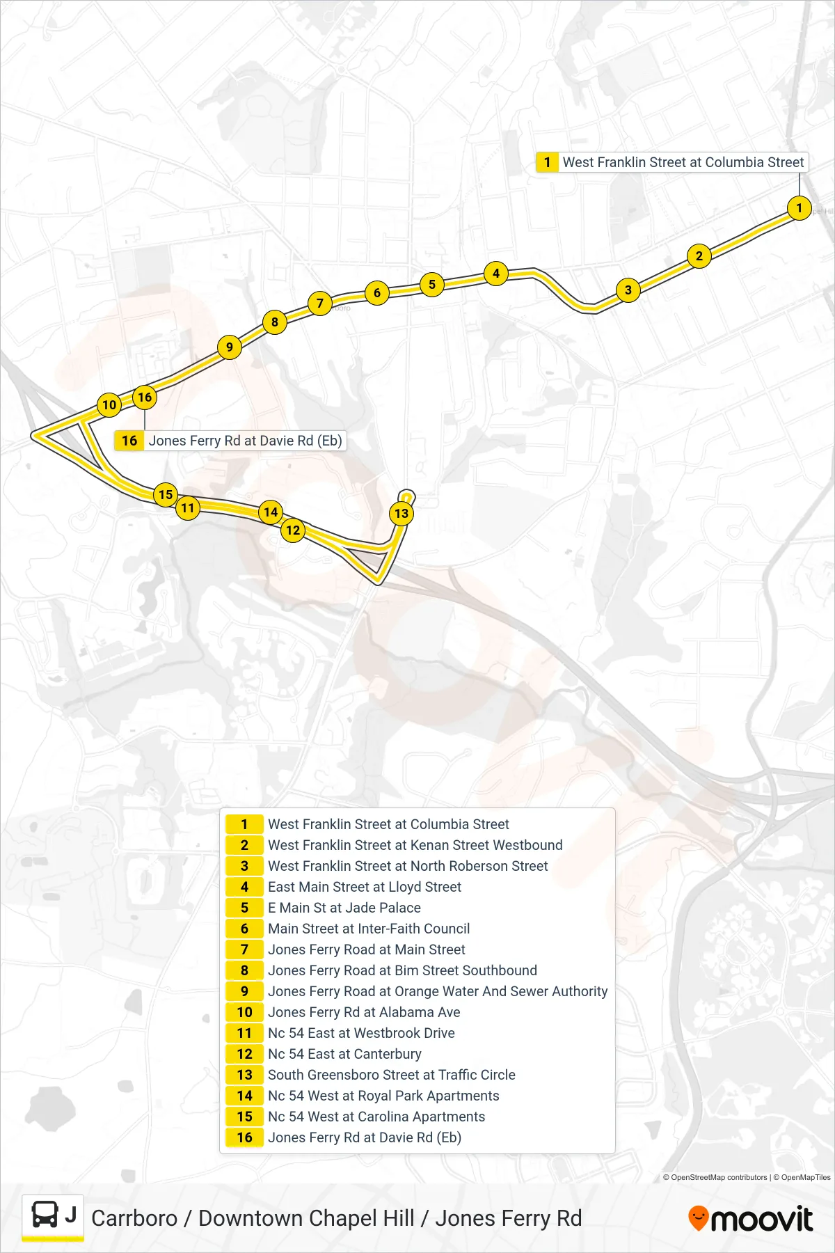 J bus Line (West Franklin Street at Columbia Street→Jones Ferry Road at Davie Road) route and stops on a map