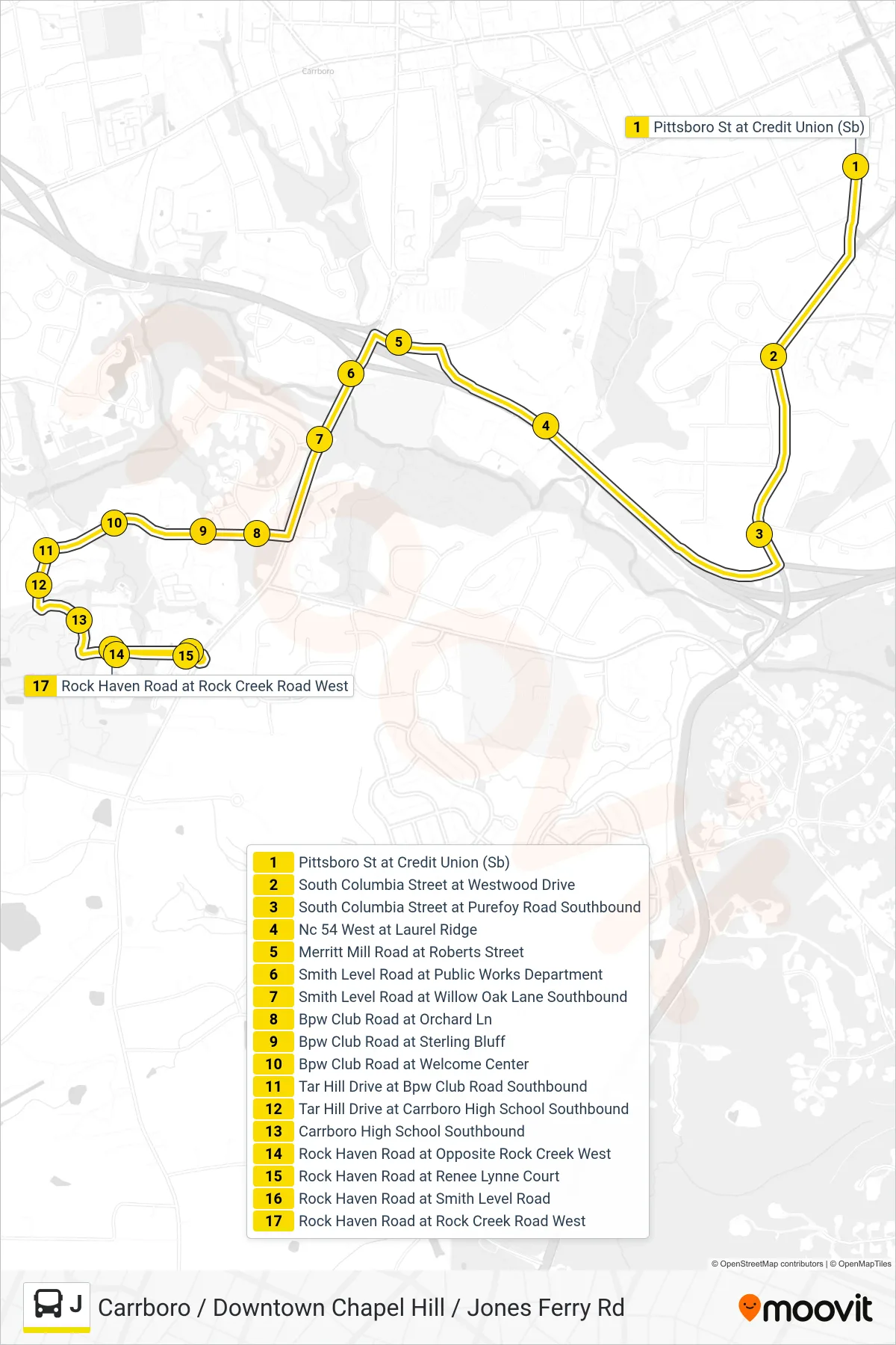 J bus Line (Pittsboro St at Credit Union→Rock Haven Road at Rock Creek Road West) route and stops on a map