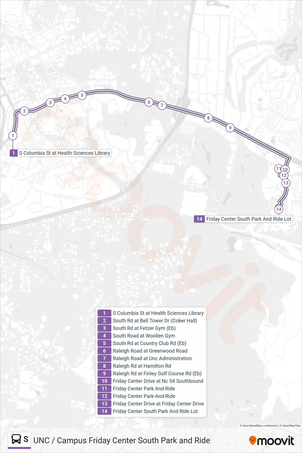 S bus Line (South Columbia Street at Health Sciences Library‎→Friday Center South Park And Ride Lot) route and stops on a map