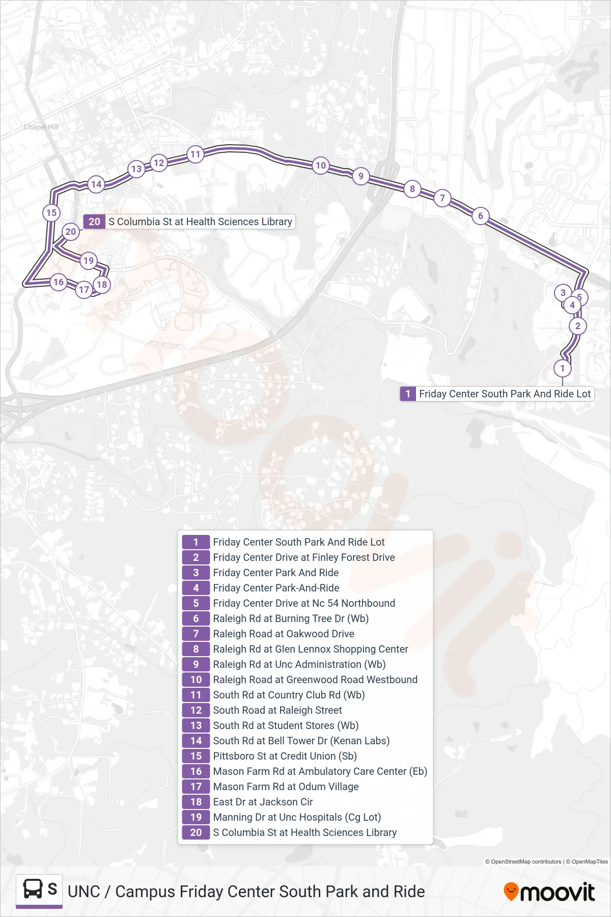 S bus Line (Friday Center South Park And Ride Lot→South Columbia Street at Health Sciences Library) route and stops on a map
