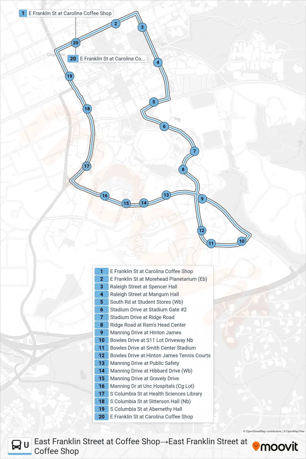 U bus Line (East Franklin Street at Coffee Shop→East Franklin Street at Coffee Shop) route and stops on a map