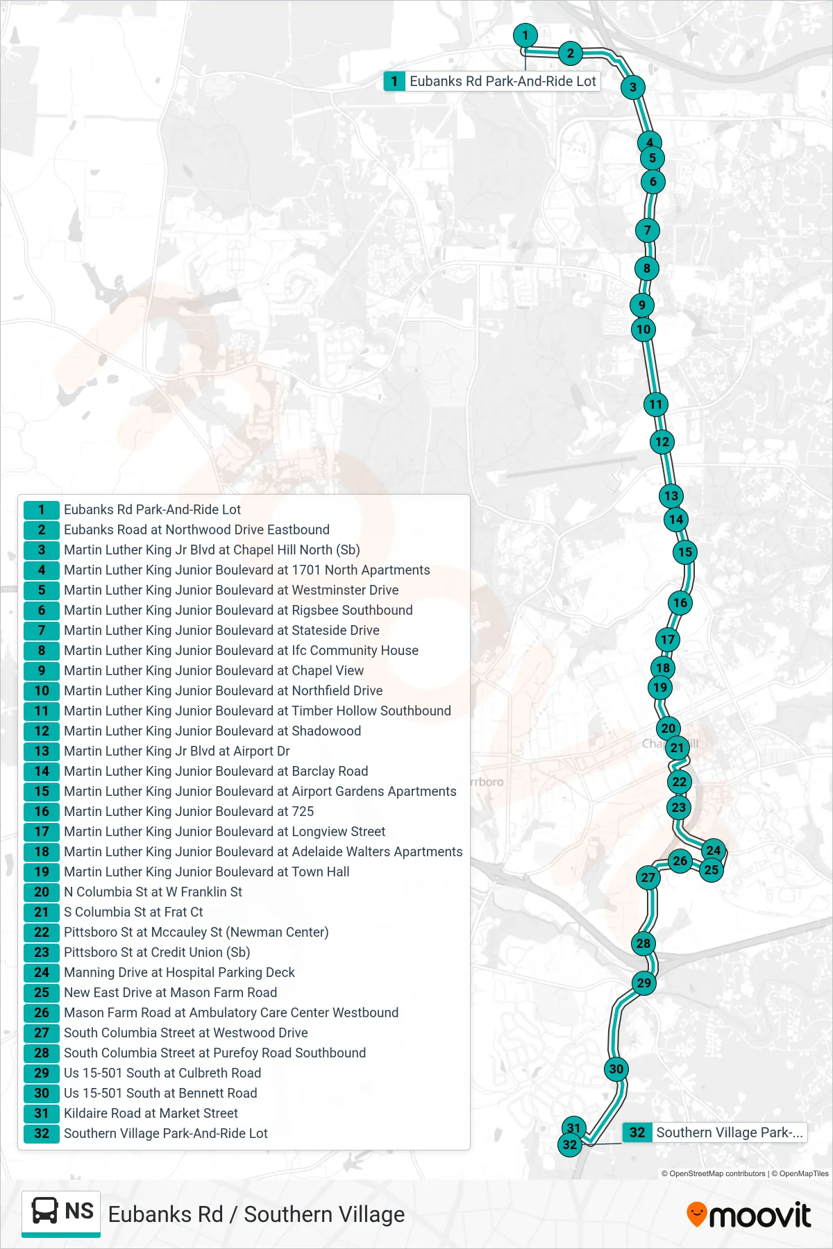 NS bus Line (Eubanks Park-And-Ride Lot‎→Southern Village Park-And-Ride Lot) route and stops on a map