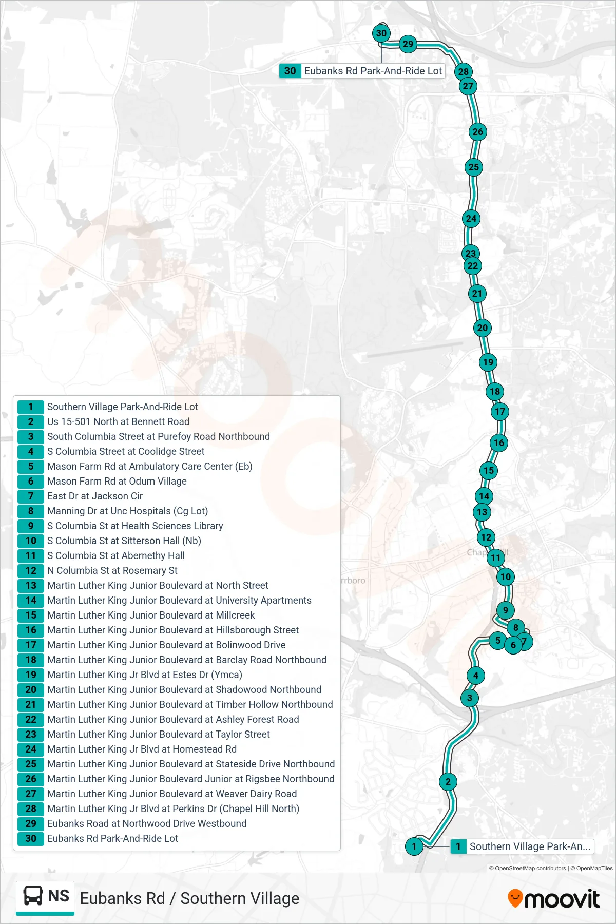 NS bus Line (Southern Village Park-And-Ride Lot→Eubanks Park-And-Ride Lot) route and stops on a map