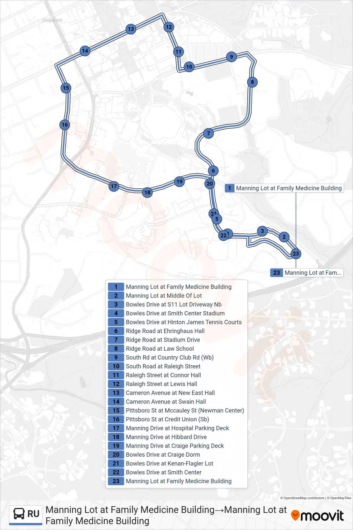 RU bus Line (Manning Lot at Family Medicine Building→Manning Lot at Family Medicine Building) route and stops on a map