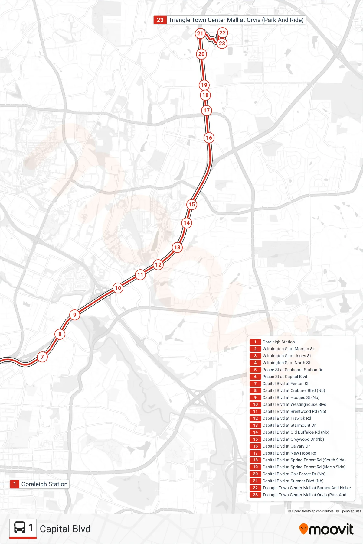 1 bus Line (Goraleigh Station‎→Triangle Town Center Mall at Orvis (Park And Ride)) route and stops on a map