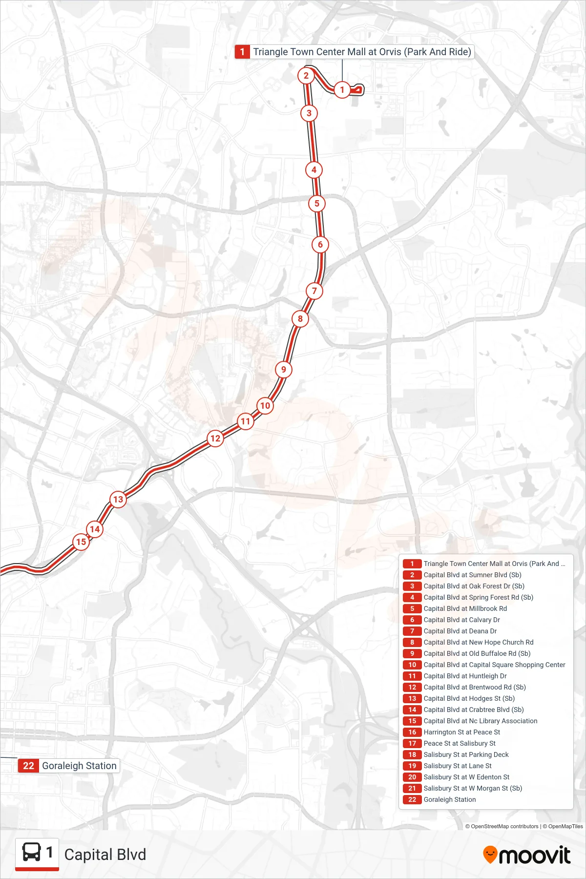 1 bus Line (Triangle Town Center Mall at Orvis (Park And Ride)‎→Goraleigh Station) route and stops on a map