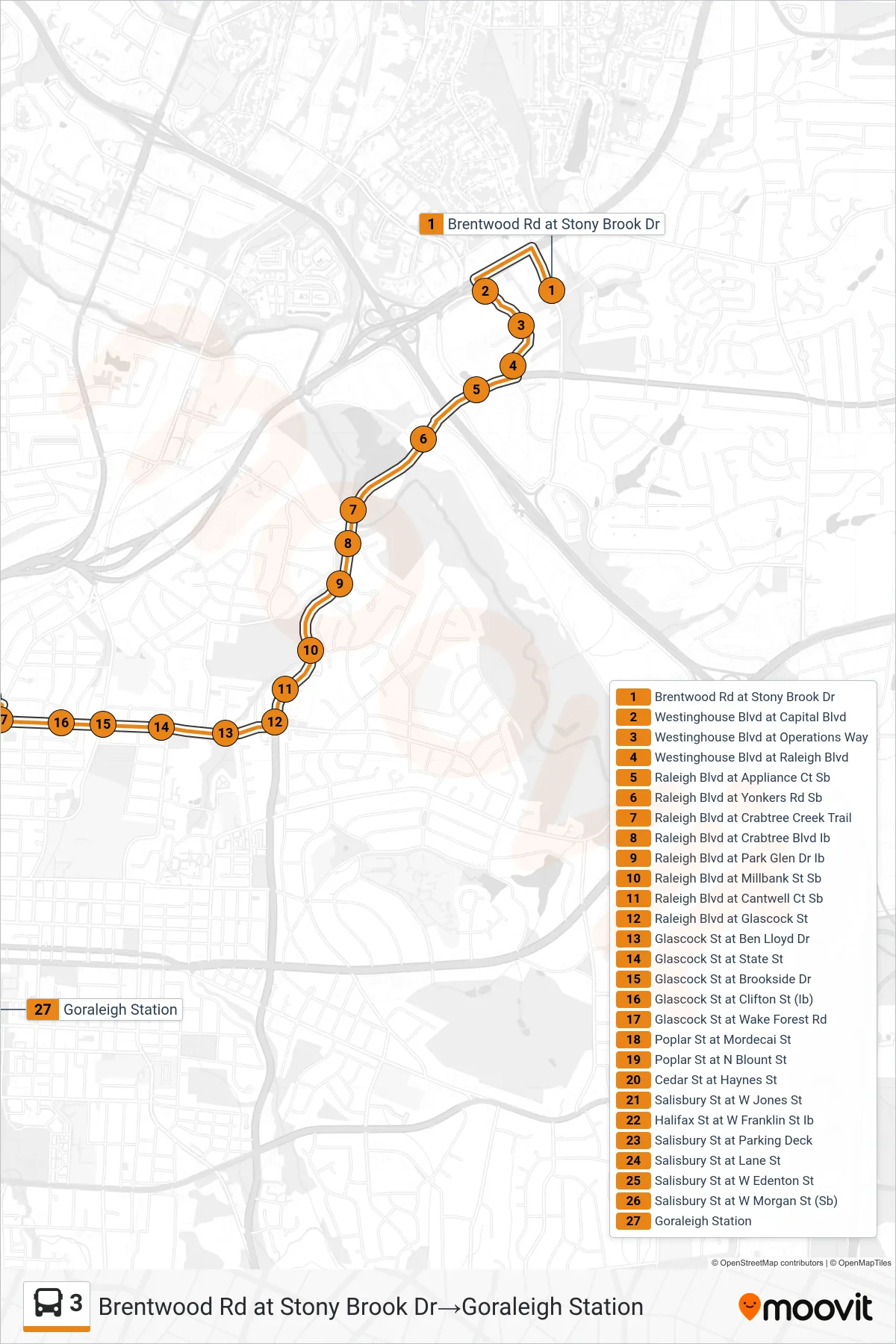 3 bus Line (Brentwood Rd at Stony Brook Dr‎→Goraleigh Station) route and stops on a map