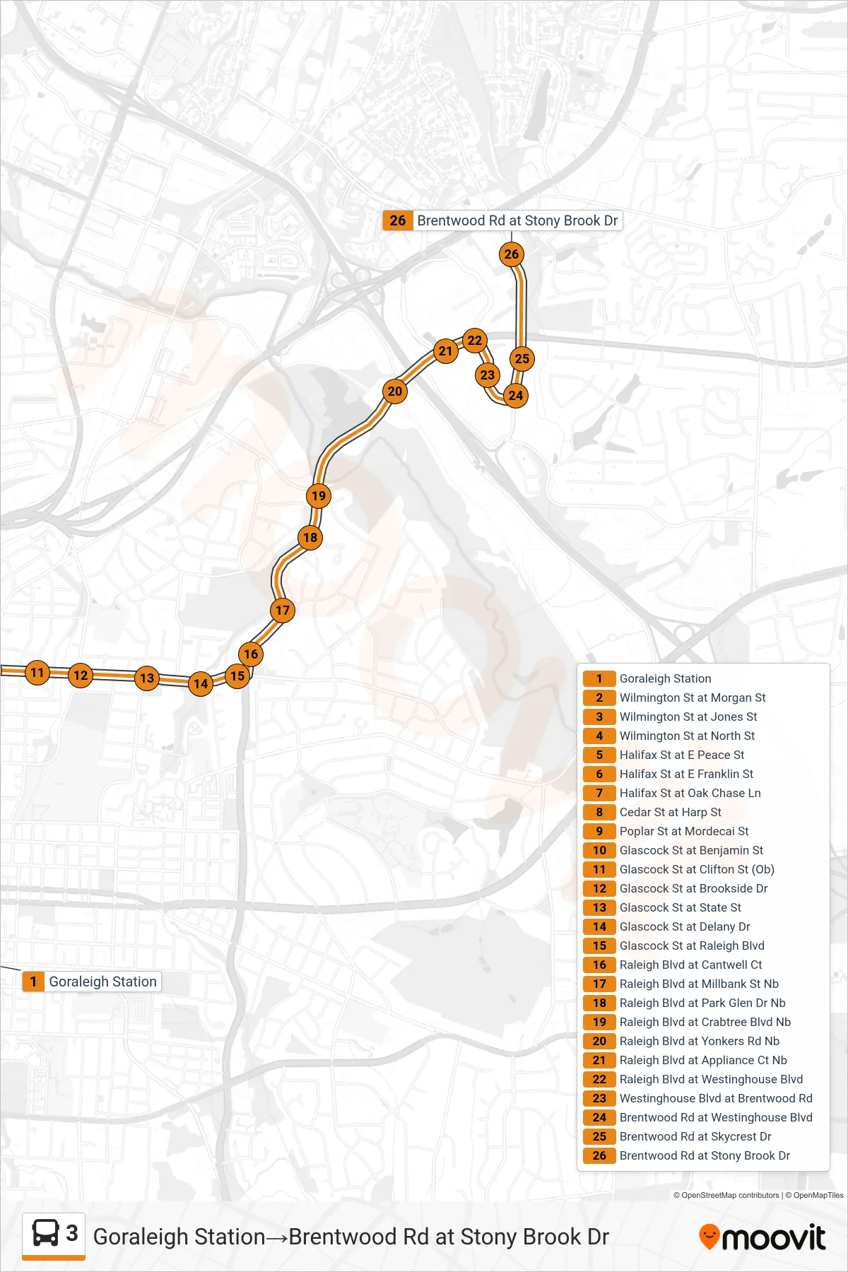3 bus Line (Goraleigh Station‎→Brentwood Rd at Stony Brook Dr) route and stops on a map