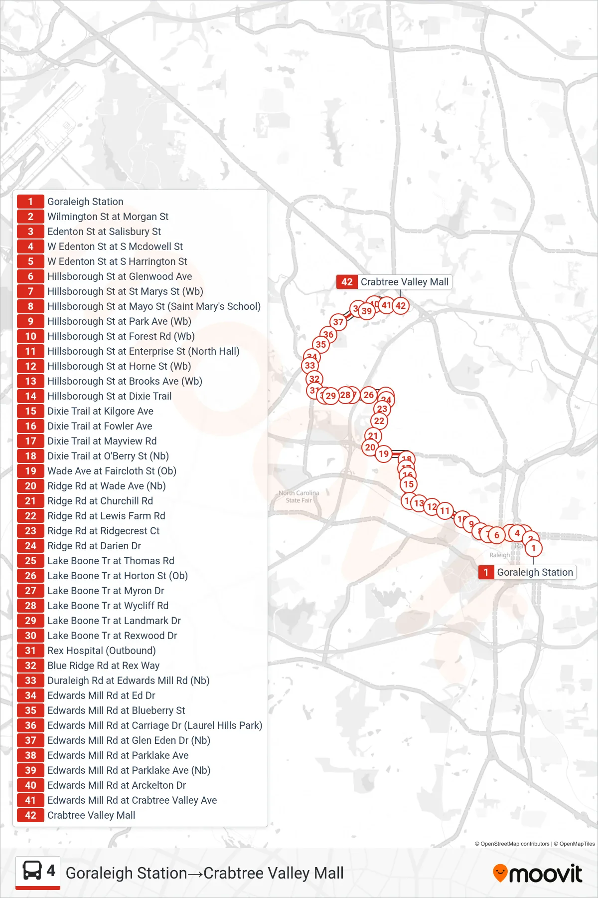 4 bus Line (Goraleigh Station‎→Crabtree Valley Mall) route and stops on a map