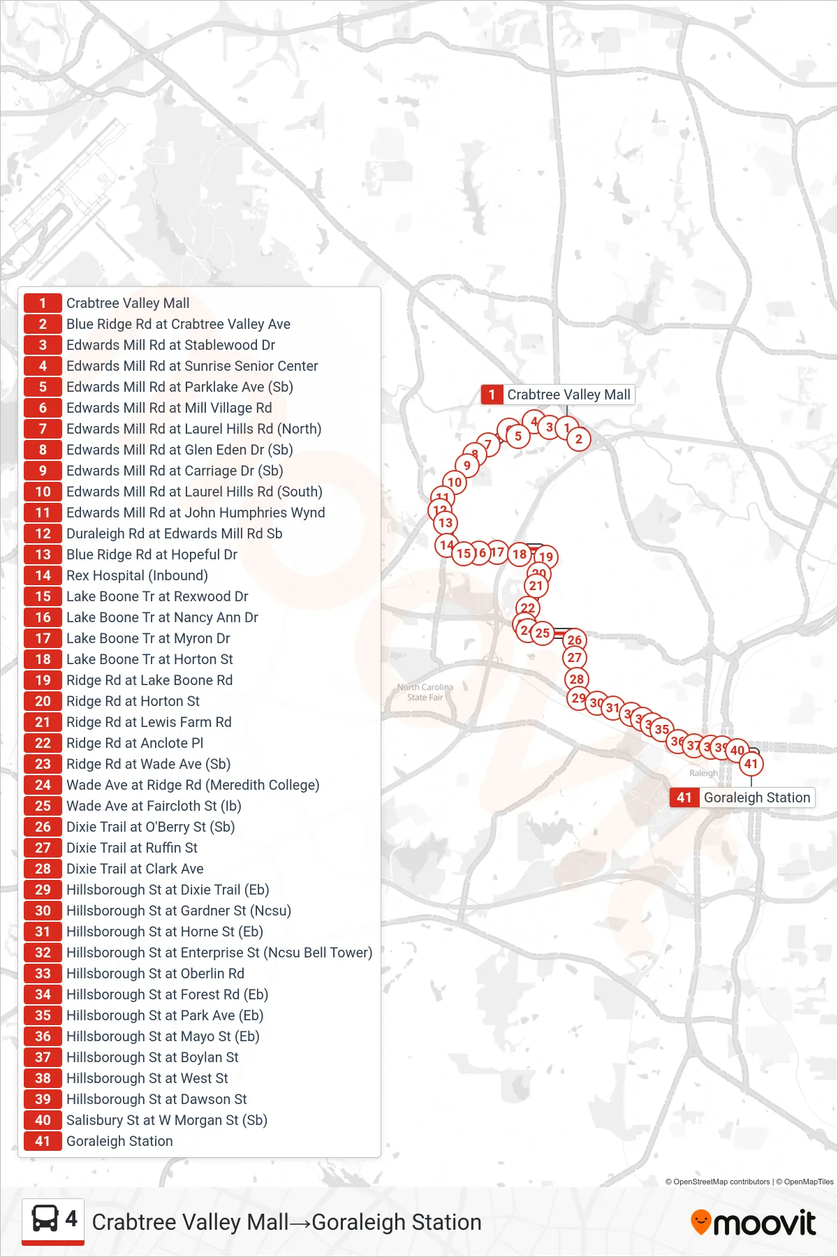 4 bus Line (Crabtree Valley Mall→Goraleigh Station) route and stops on a map
