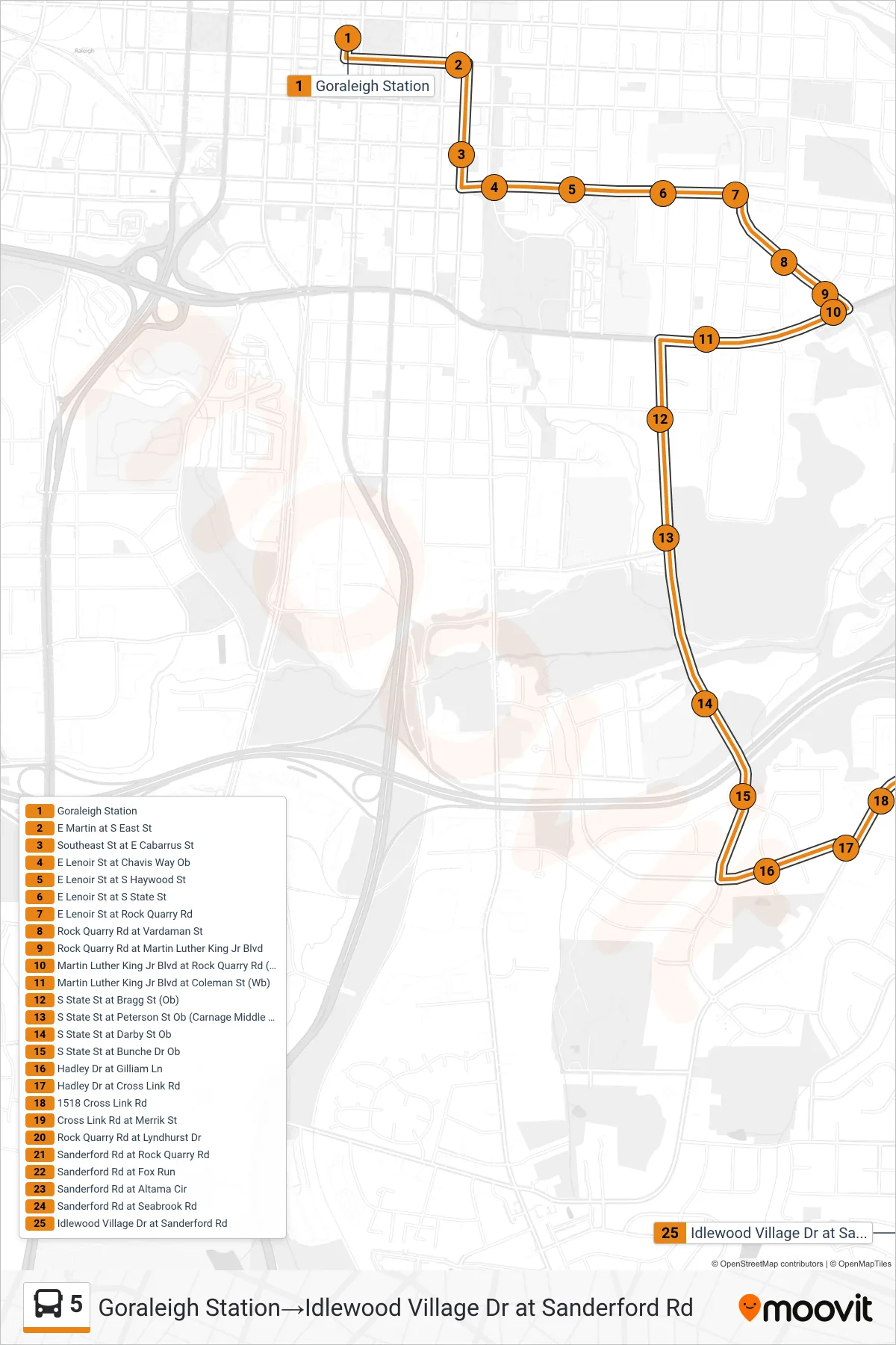 5 bus Line (Goraleigh Station‎→Idlewood Village Dr at Sanderford Rd) route and stops on a map