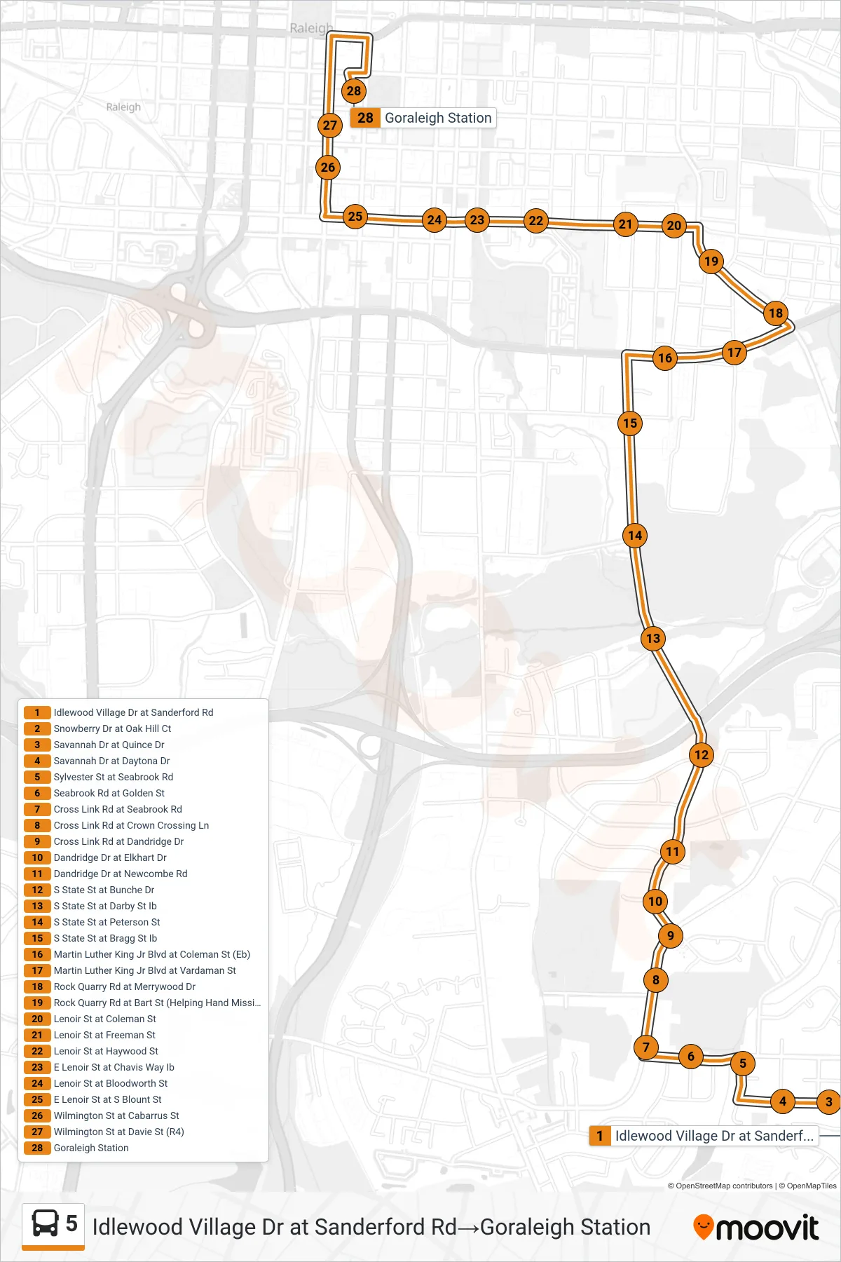 5 bus Line (Idlewood Village Dr at Sanderford Rd→Goraleigh Station) route and stops on a map