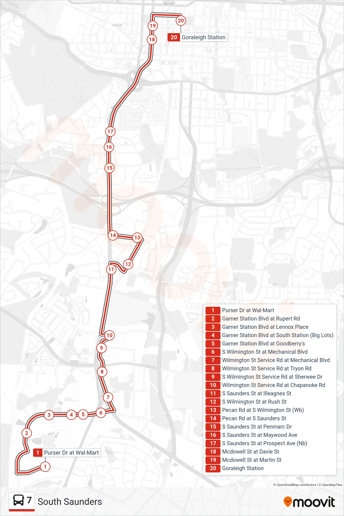7 bus Line (Purser Dr at Wal-Mart‎→Goraleigh Station) route and stops on a map