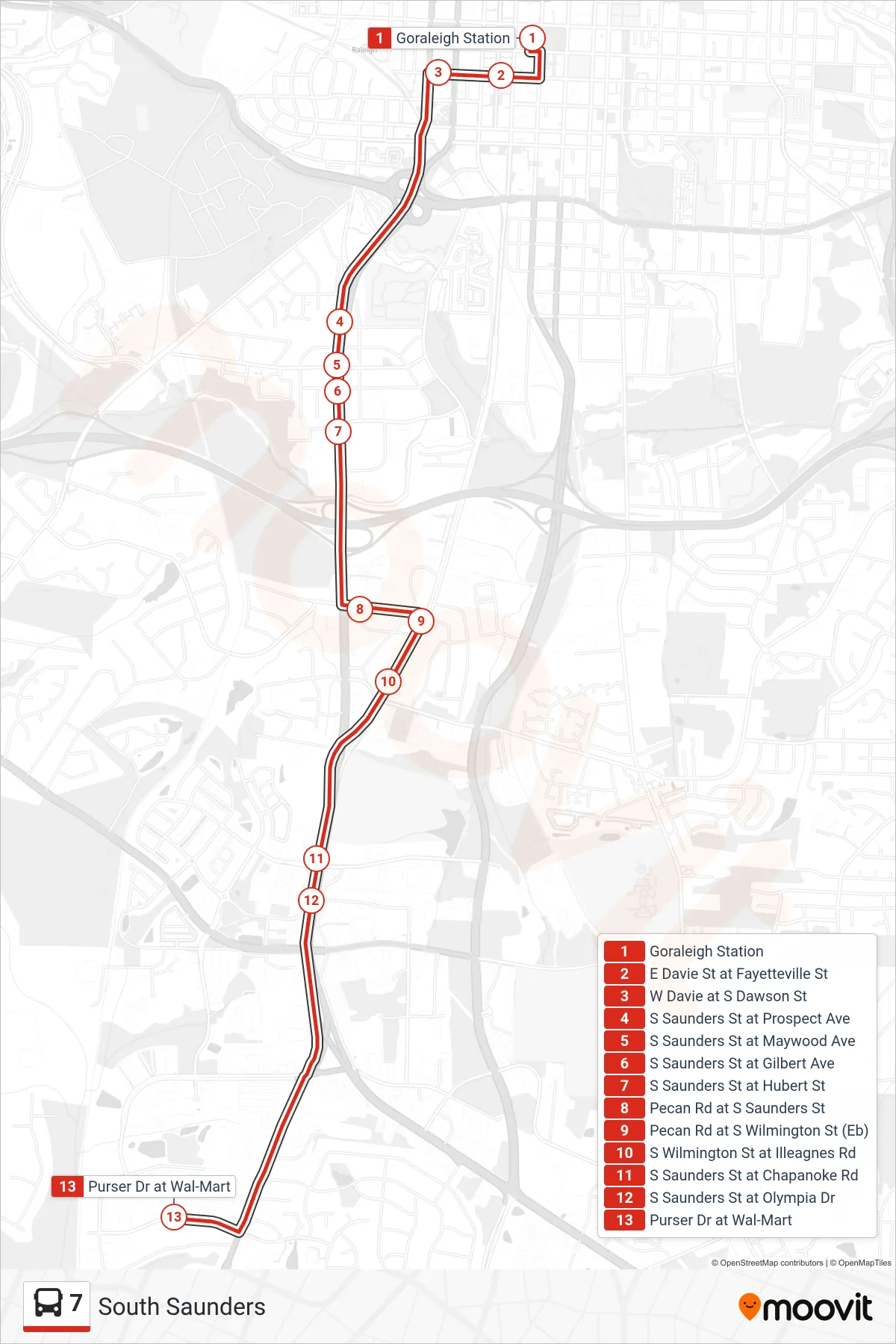 7 bus Line (Goraleigh Station→Purser Dr at Wal-Mart) route and stops on a map