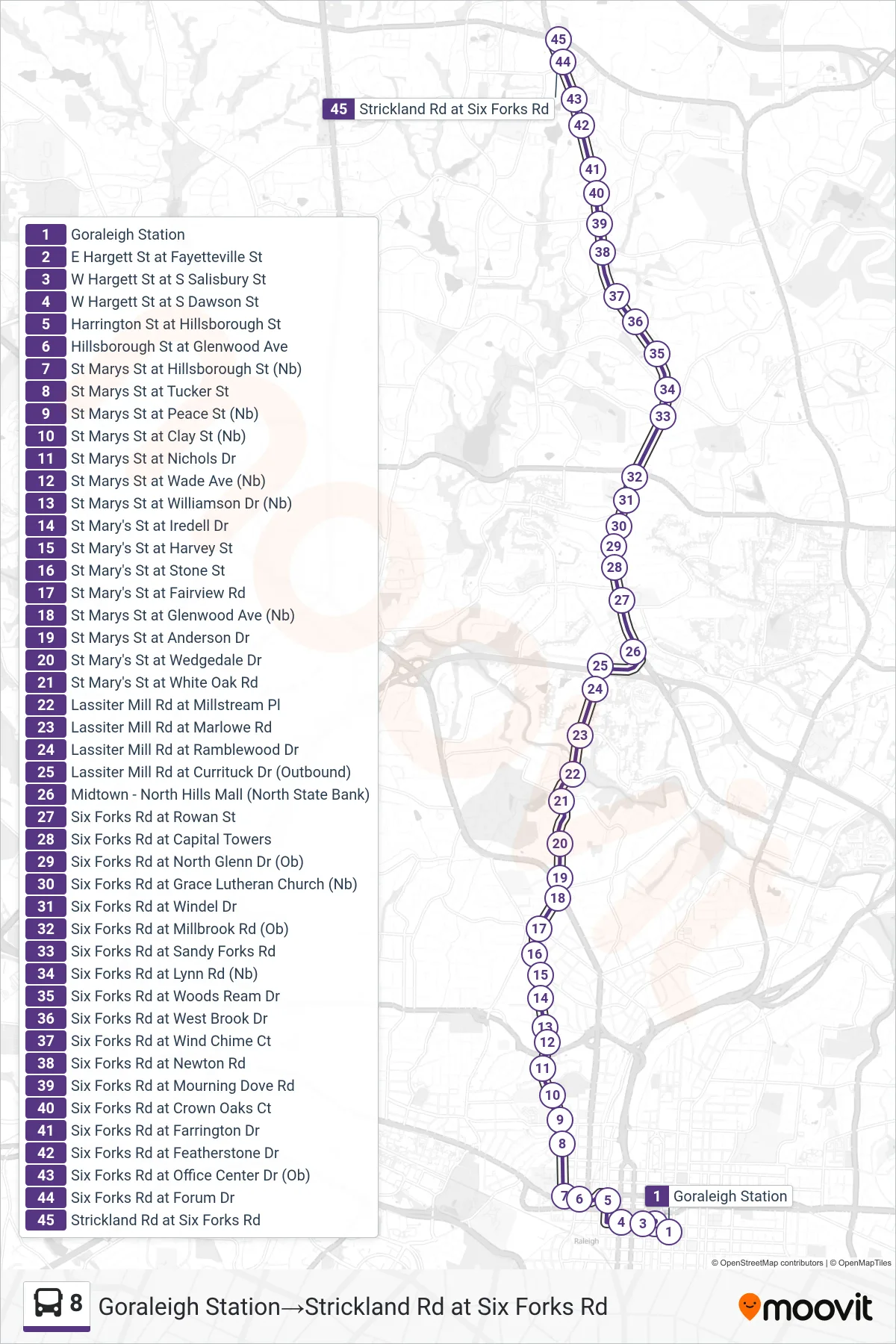 8 bus Line (Goraleigh Station‎→Strickland Rd at Six Forks Rd) route and stops on a map