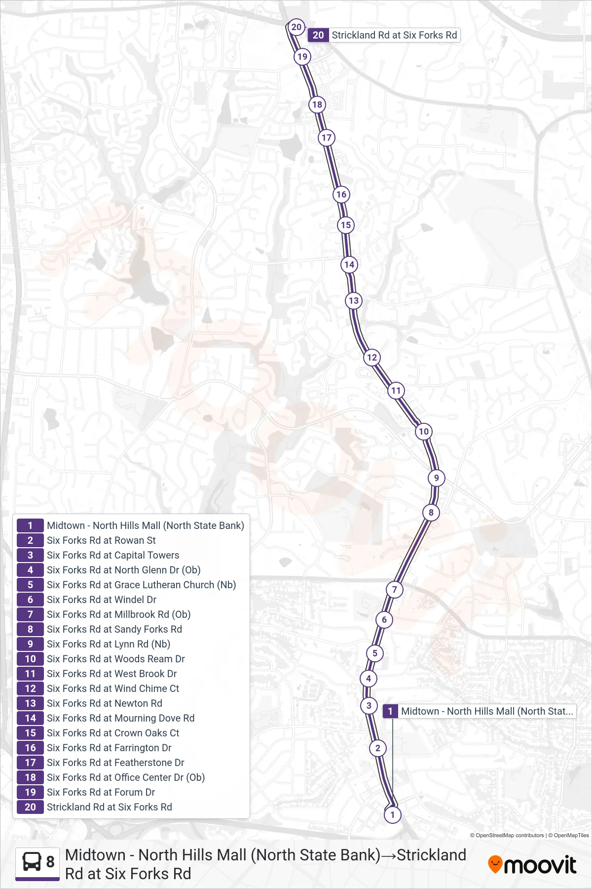8 bus Line (Midtown - North Hills Mall (North State Bank)‎→Strickland Rd at Six Forks Rd) route and stops on a map