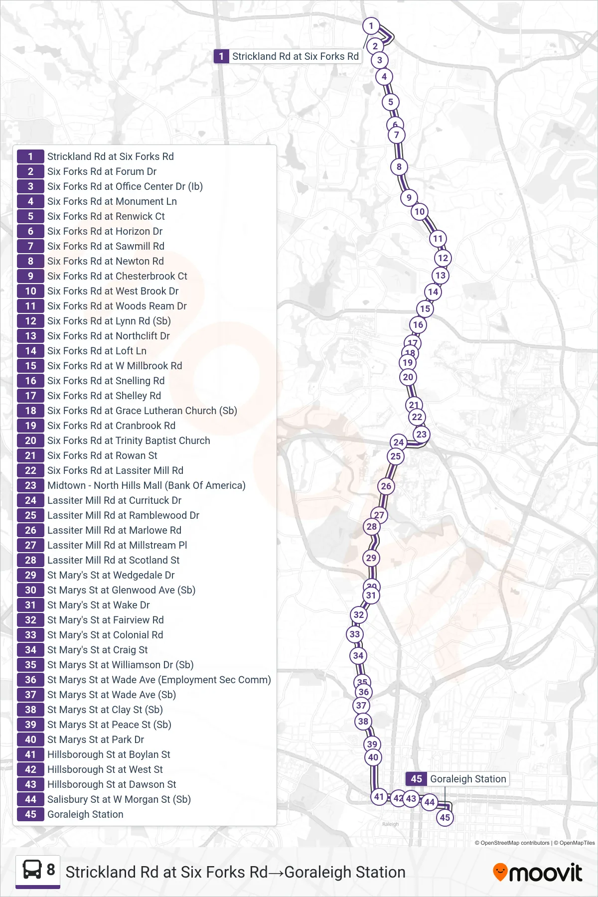 8 bus Line (Strickland Rd at Six Forks Rd‎→Goraleigh Station) route and stops on a map