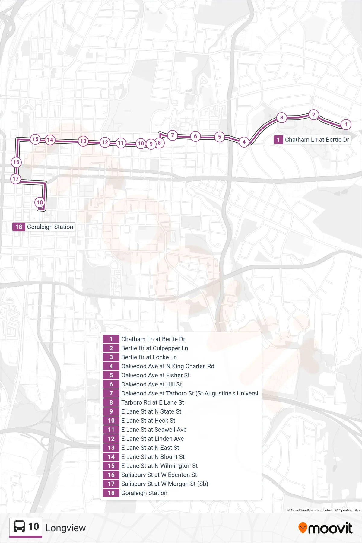 10 bus Line (Chatham Ln at Bertie Dr‎→Goraleigh Station) route and stops on a map